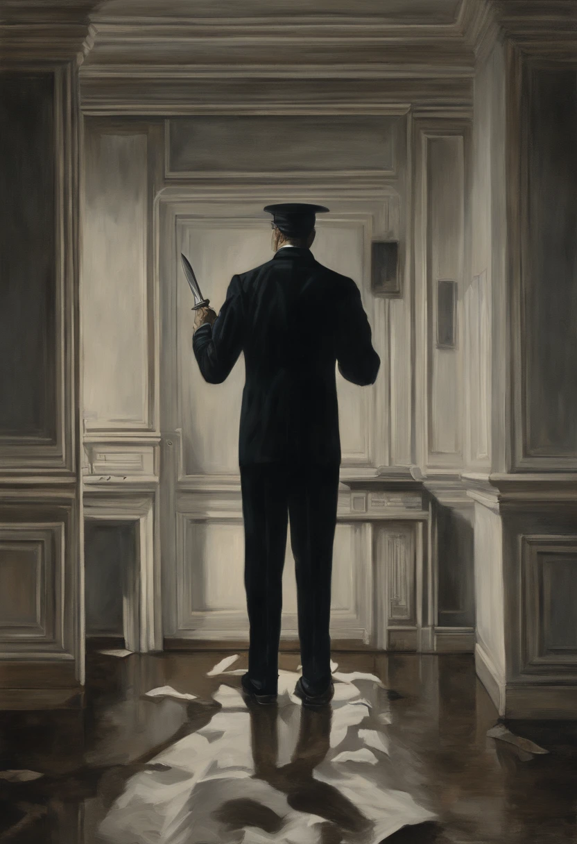 An oil painting of a butler holding a knife in an old hotel, inspired by René Magritte, sombras profundas, Impassive Expression, paleta de tons terrosos e atmosfera surreal --v 5 --stylize 1000