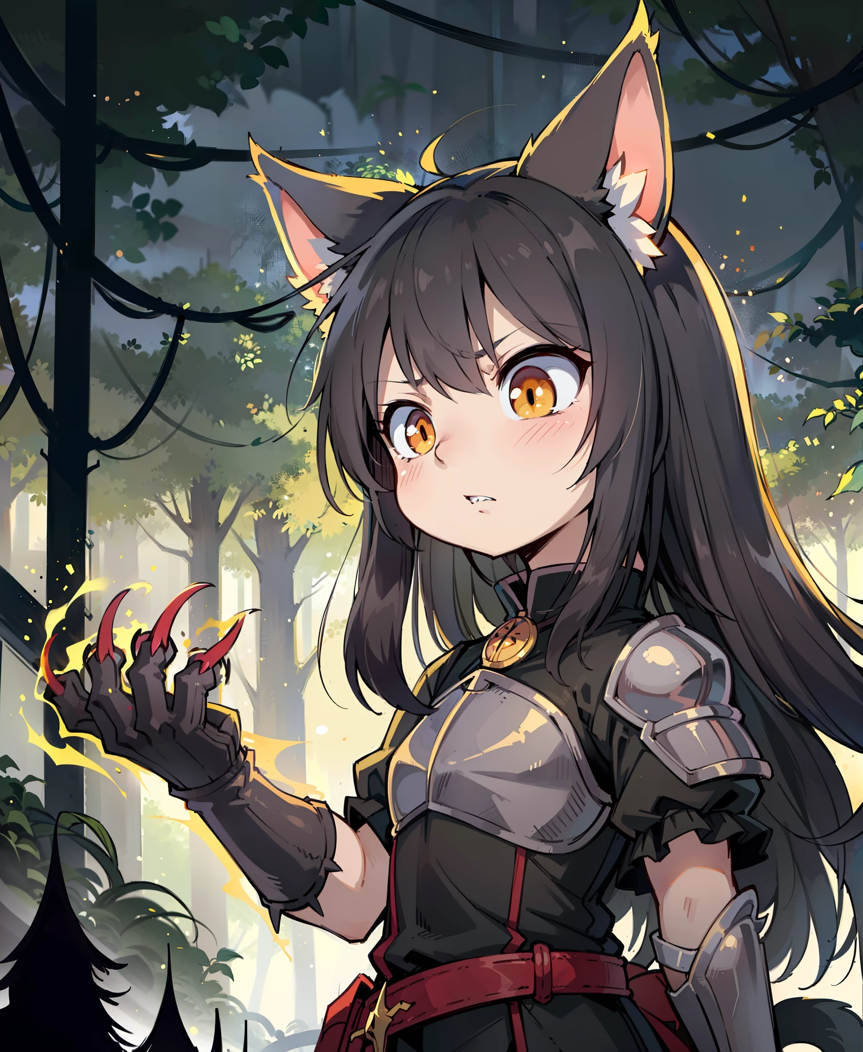 anime style, human, 1girl, cat girl, (black hair), (golden eyes), cat ears, cat tail, dark forest setting, detailed background, (grimdark atmosphere), knight armor, (sinister looking), (sharp claws), (intense expression), masterpiece, (by ryohei hase), (by hews hack), (by tinkle), anime absurdres illustration, drawing, (lineart:0.6), (superflat, flat shading, flat colors:1.1), (vibrant colors:1.1)