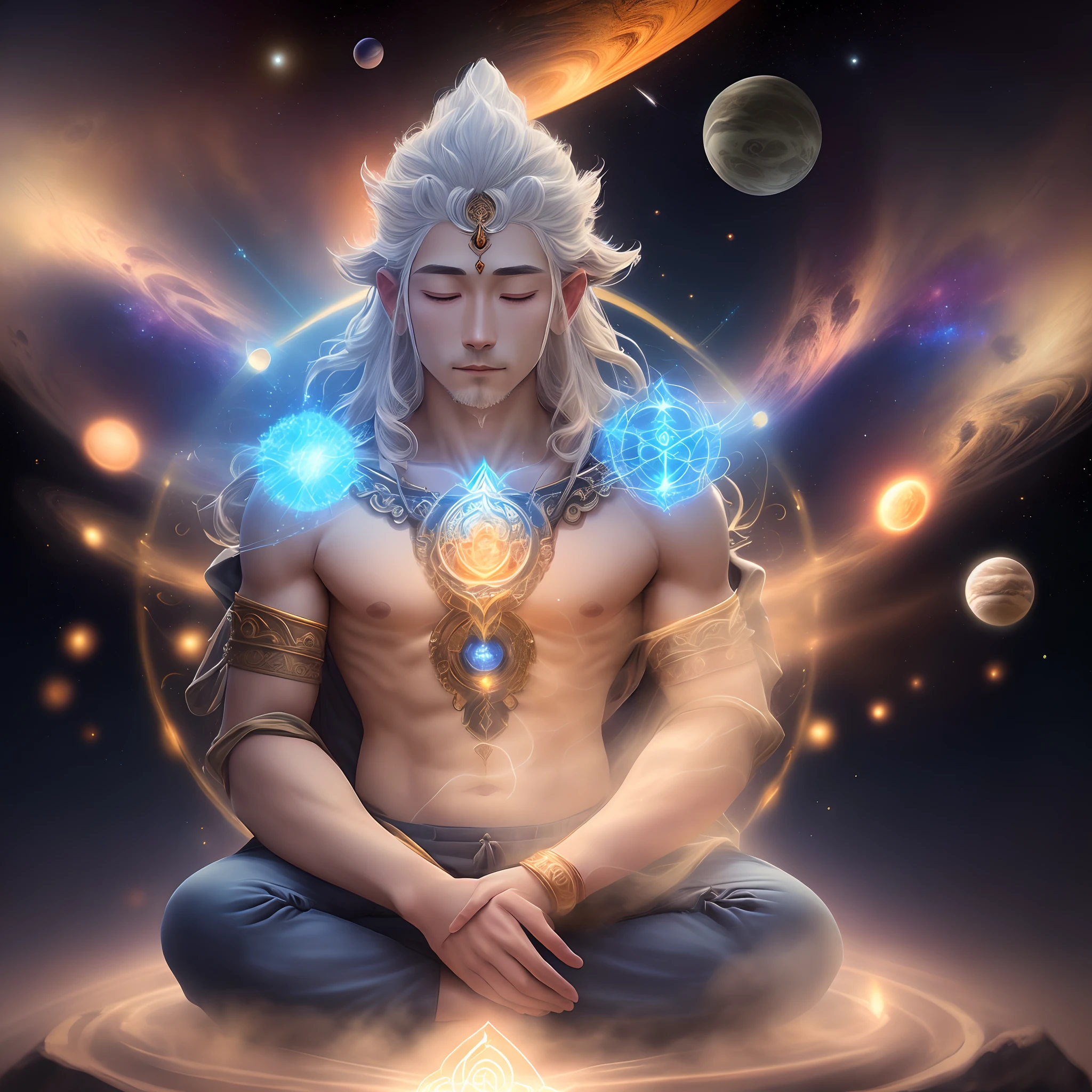 P'ke (Primordial god, radiant, planetary, elemental of light, sitting in space, only pants, meditating)(body and face of a man looking straight ahead and meditating, mystical, with a powerful aura surrounding him in the midst of an abundant field)