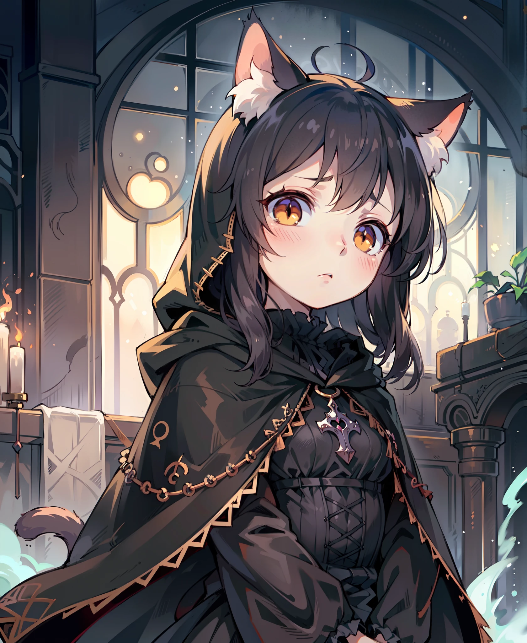 anime style, human, 1girl, cat girl, (cat ears), (cat tail), black hair, golden eyes, gloomy atmosphere, detailed gothic dress, hooded cloak, (symbol of death on dress), mysterious expression, pale skin, (by sakimichan:0.9), (by aicosu:0.8), (by as109:0.7), intricate details, masterpiece