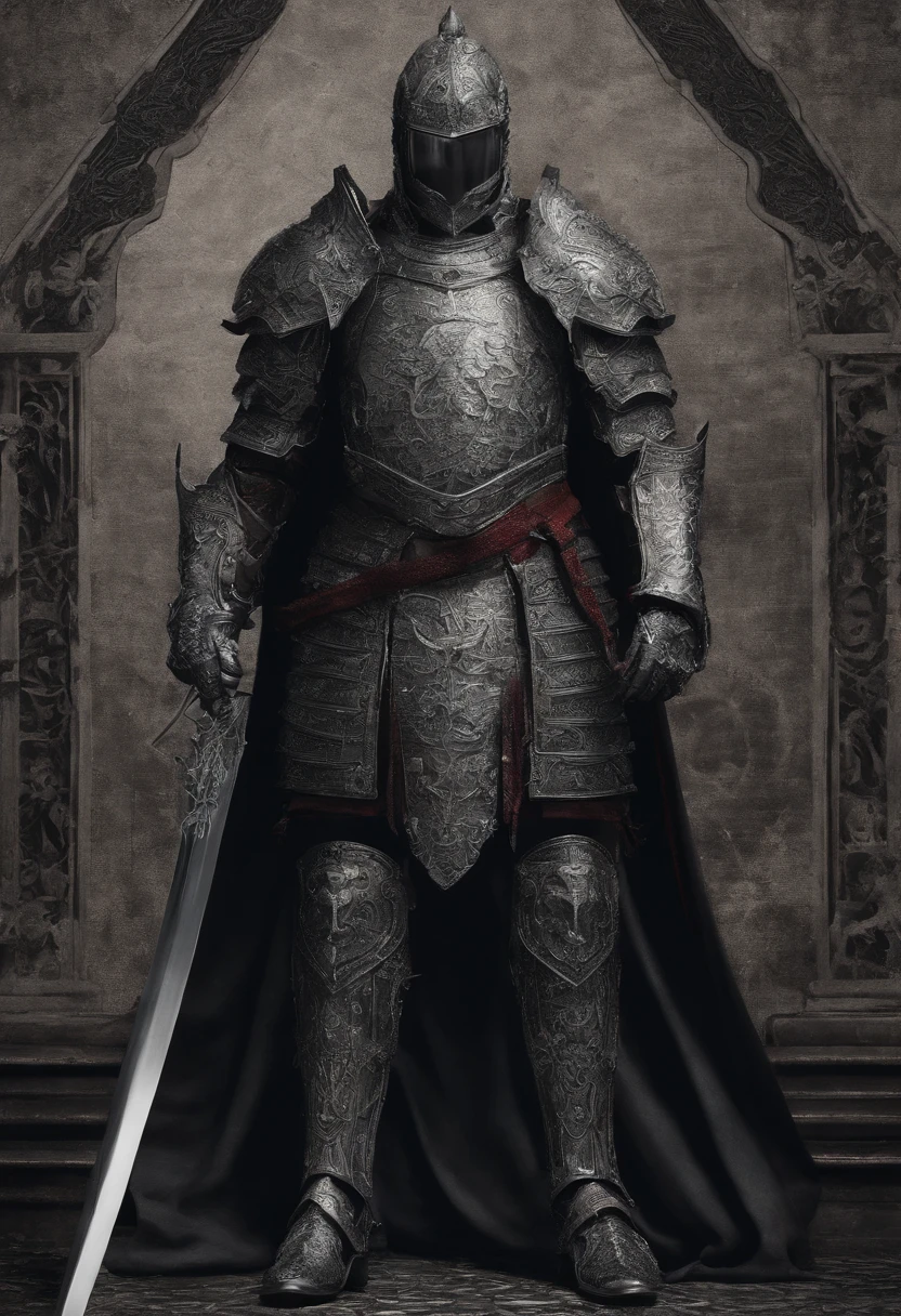 Illustration of a Chinese fantasy knight based on a reference. The knight is in the same position, Dressed in all-silver armor. The cuirass is decorated with a laurel design,Reminiscent of the Romans. His handguards and boots are made of the same silver metal as the rest of his armor. He wears a flowing red cloak. The surface of the shield, Next to him, Shows the face of a beautiful woman with wavy curly hair, While preserving the rest of the details of the original image.