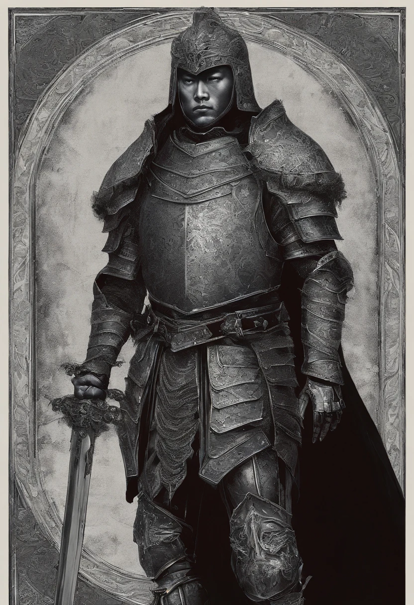 Illustration of a Chinese fantasy knight based on a reference. The knight is in the same position, Dressed in all-silver armor. The cuirass is decorated with a laurel design,Reminiscent of the Romans. His handguards and boots are made of the same silver metal as the rest of his armor. He wears a flowing red cloak. The surface of the shield, Next to him, Shows the face of a beautiful woman with wavy curly hair, While preserving the rest of the details of the original image.