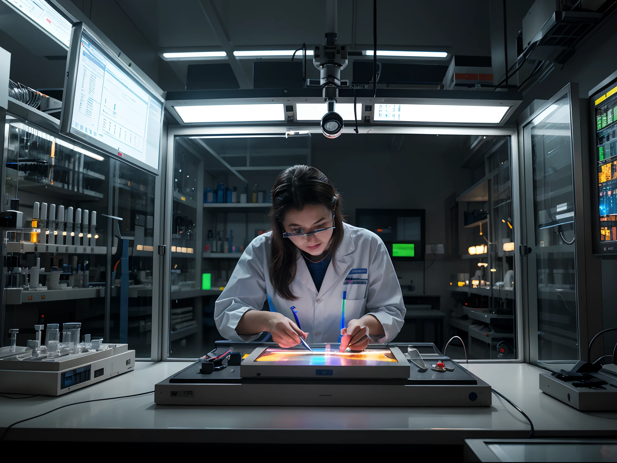 Create a photorealistic scene of a high-tech laboratory with intricate, scientific instruments and holographic displays. The lighting should be dramatic, emphasizing the cutting-edge nature of the research being conducted