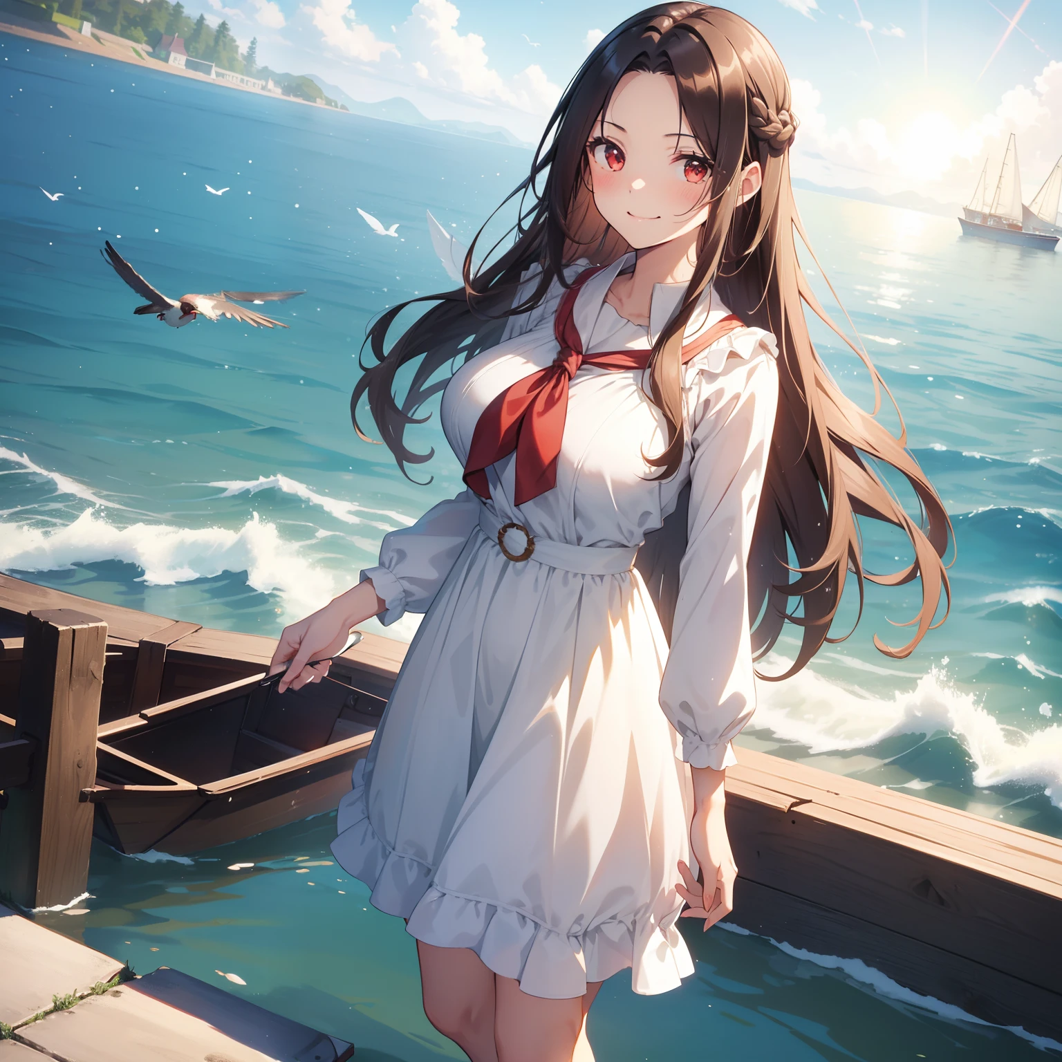 (masutepiece,Best Quality,8K),(extremely detailed CG1.1),Girl standing on the surface of the water emitting a beautiful light,Smile,large boob,(From below:1.2),Intricate details , Hyper realistic, Perfect Anatomy,A dark-haired,Red Eyes,(((Forehead))),Permed hair with wavy hair,(((length hair))),Hair over one eye,hair slicked back,(((Standing))),Full body,White Dress,blush,Happy smile,Quaint lakeside village with colorful rowboats on the shore, Water droplets,Lens Flare,Wind,Magnificent view,(chromatic abberation:1.3),Dynamic Angle,bird flocks,Cowboy Shot,Looking at Viewer