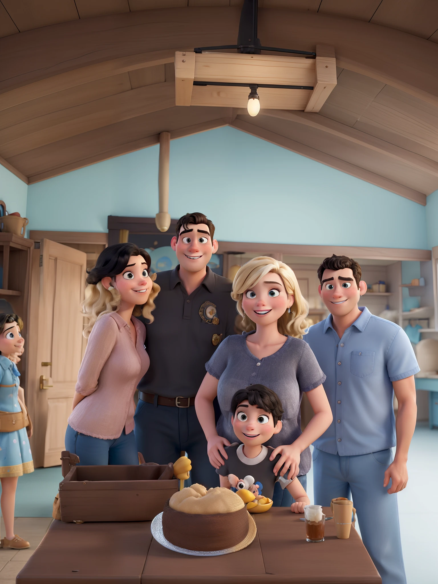 Obra-prima ao estilo Disney/Pixar in high quality and high resolution. The woman in the front is blonde and the man has black hair.