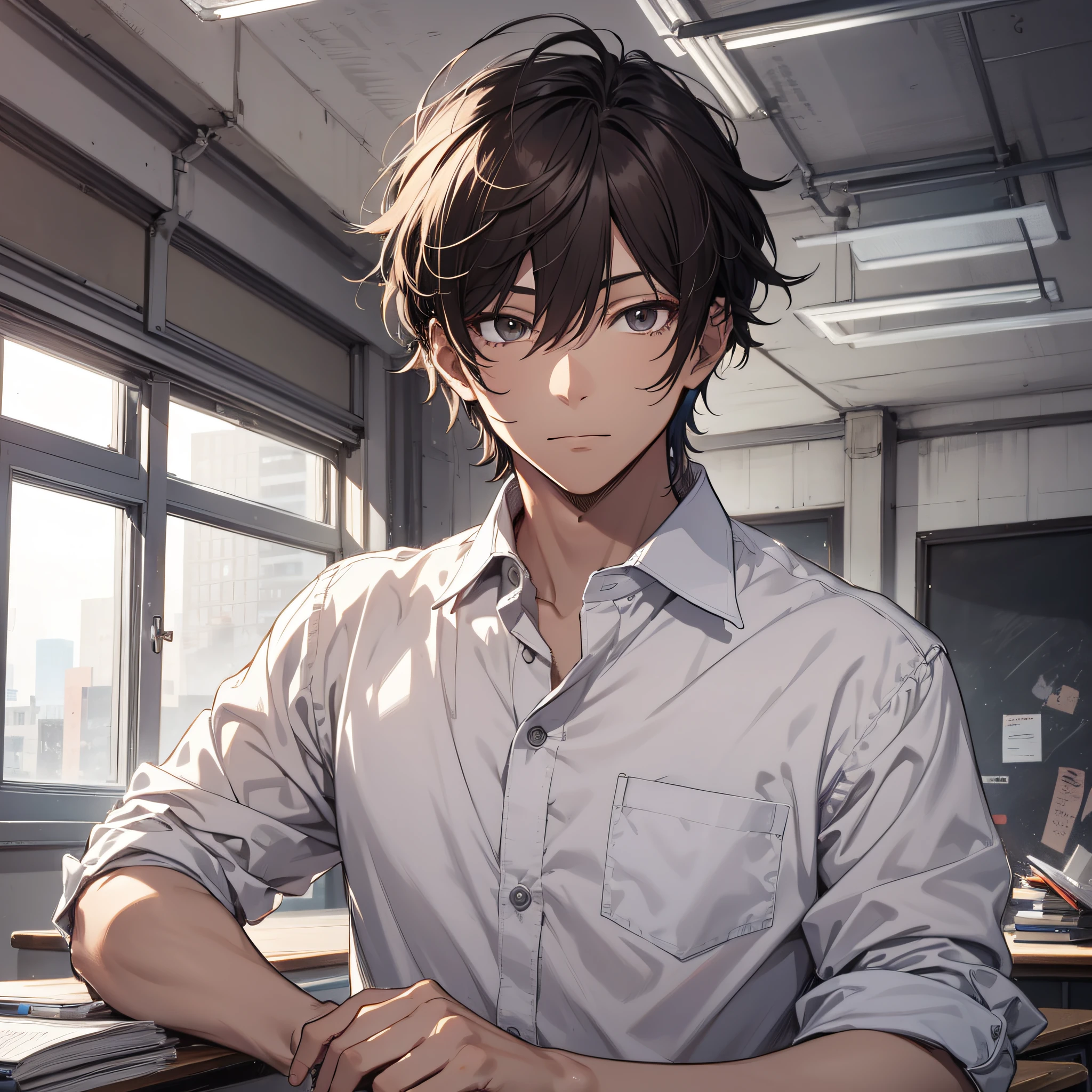 High resolution, (masutepiece: 1.4), Hyper-detailing, 1boy,Narrow-eyed,Face Focus,Hairstyle: Brown, mature man, student clothes, White shirt, crass room, ,Simple classroom,