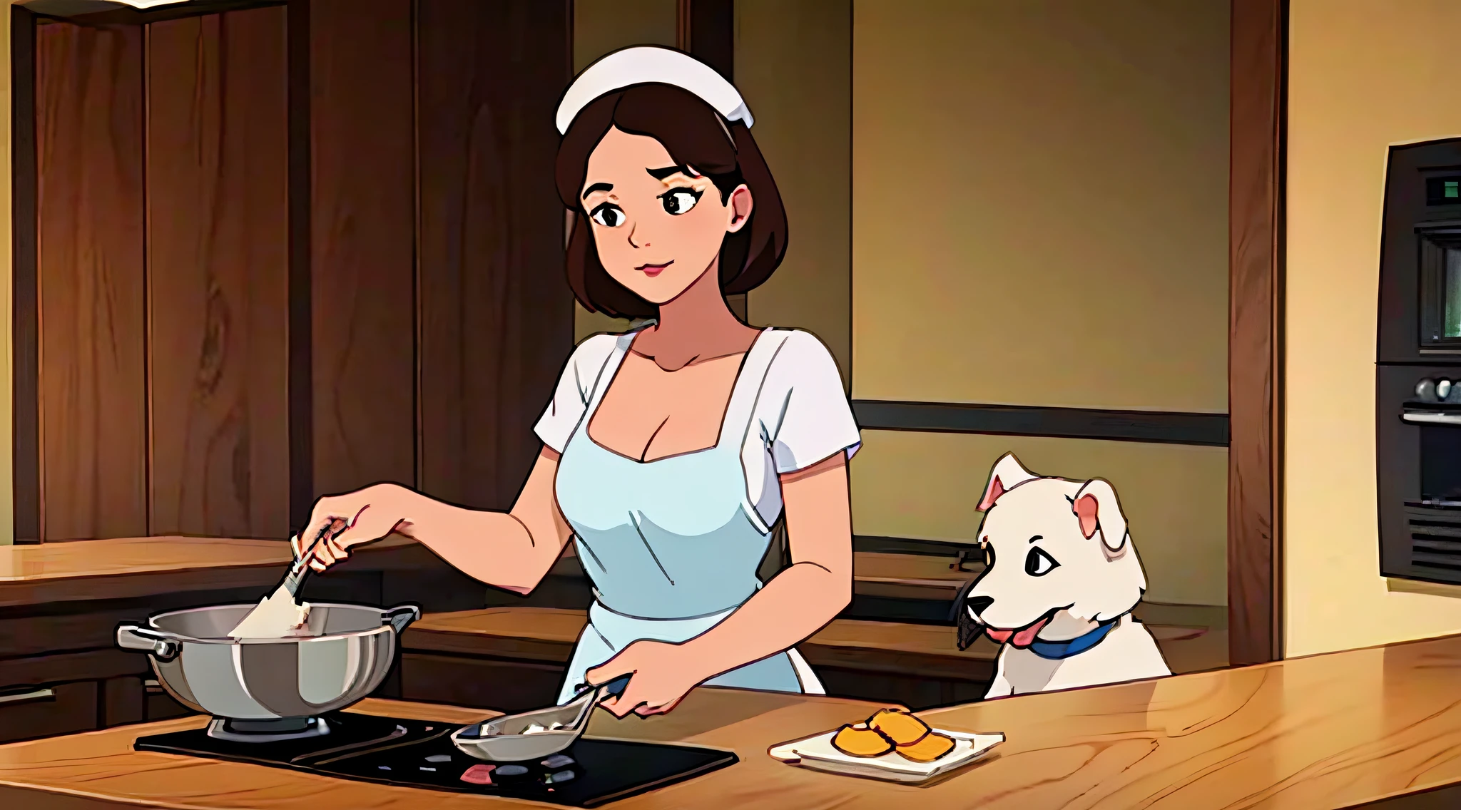 White puppy watching brunette girl cook