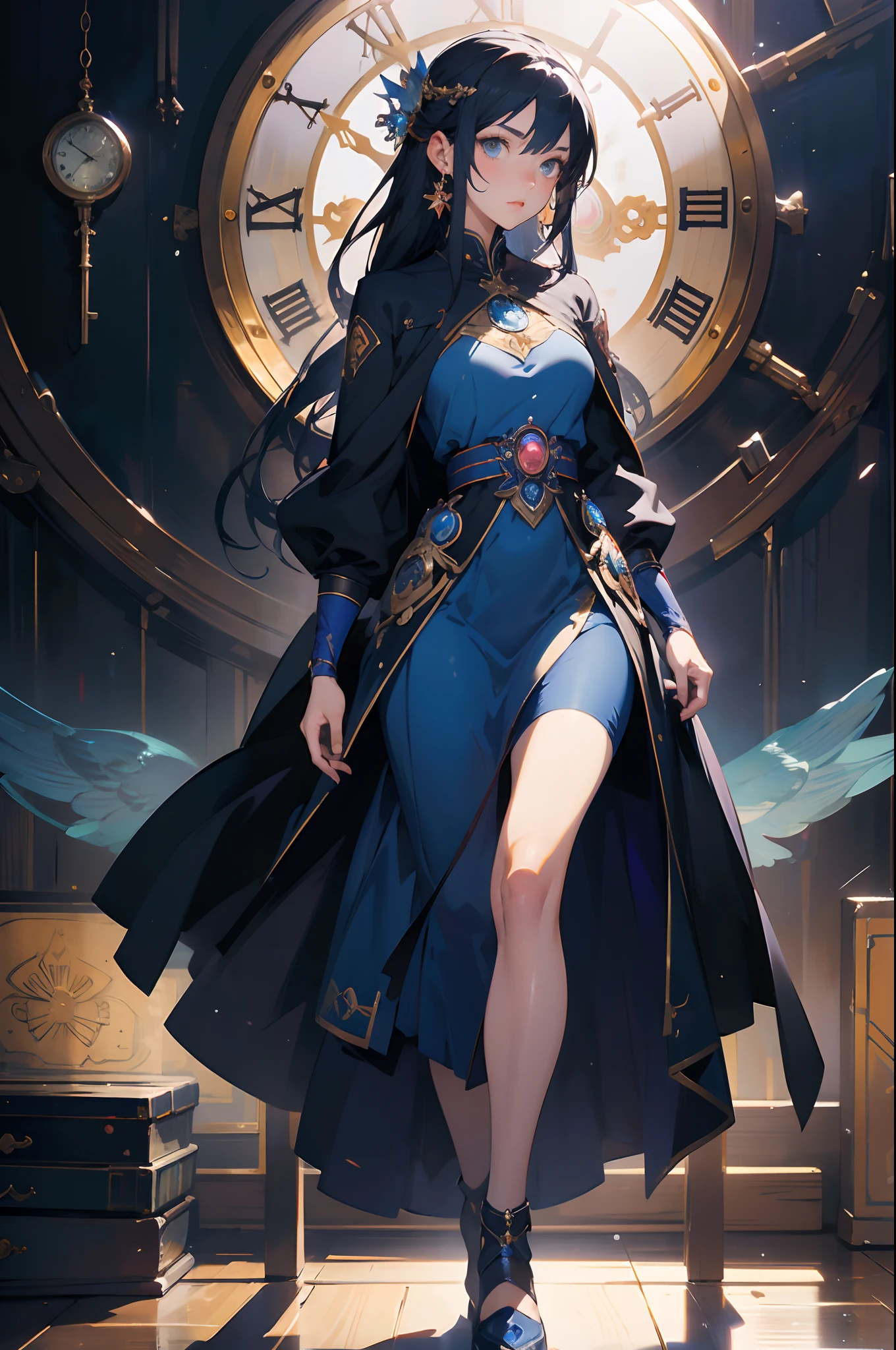 there is a woman in a blue dress holding a clock, goddess of time, full portrait of elementalist, portrait of a female mage, cushart krenz key art feminine, moebius + loish + wlop, wlop and ross tran, artwork in the style of guweiz, wlop art, elfic priestess