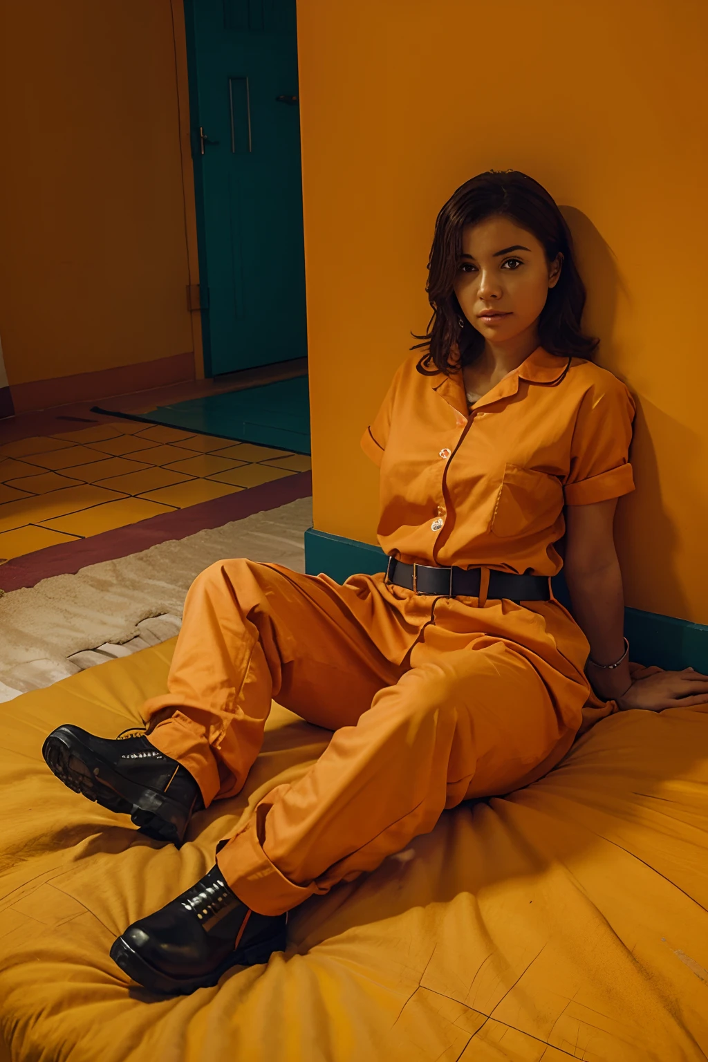 a girl in a prison cell liyng in her bed with her hancuffs on, with an orange prison jumpsuit and rubber boots on the floor fullbody veiw