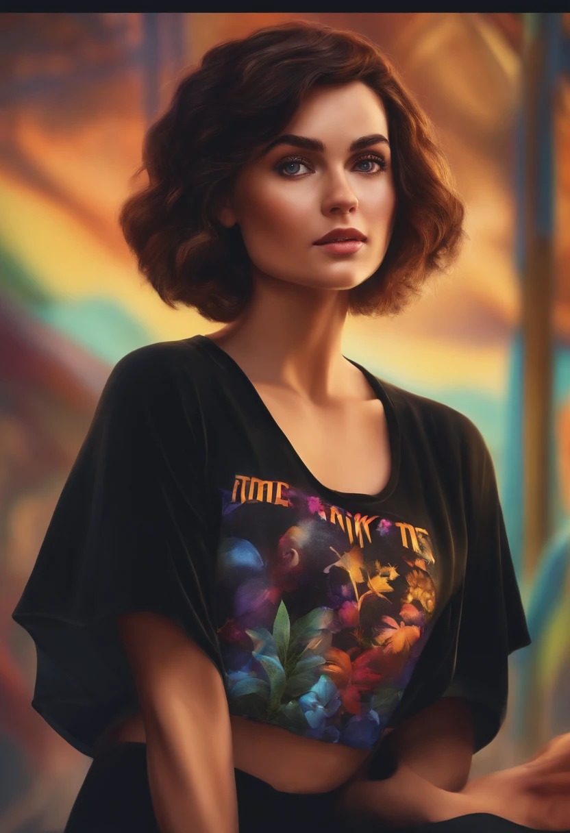 filme Marketing 2023 estilo filmes Pixar, Com nome "N - Marketing", poster, With short, lighter brunette hair and a black t-shirt in front of her crossed arms.