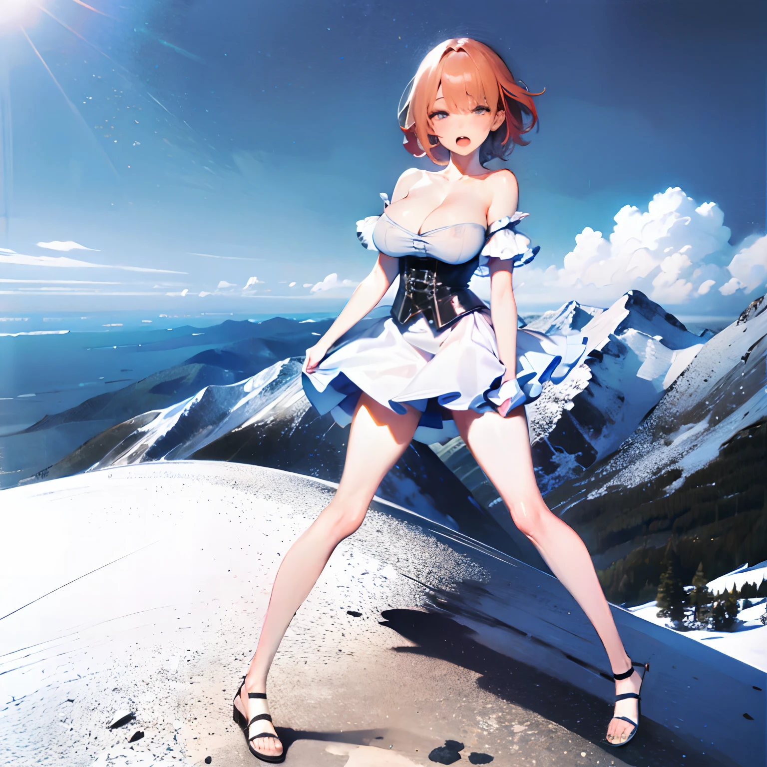 (solo cute girl standing:1.2), (13 years old:1.3), (very long legs), (thin legs), very short torso, BREAK, light red hair, BREAK, (open legs:1.2), tiptoe, pigeon toed, BREAK, brown wiry corset, BREAK, (large breasts:1.4), perky breasts, cleavage, thin waist, (nose blush, looking at viewer:1.2), open mouth, BREAK, (peak of mountain), BREAK, (masterpiece, best quality, ultra-detailed:1.5)