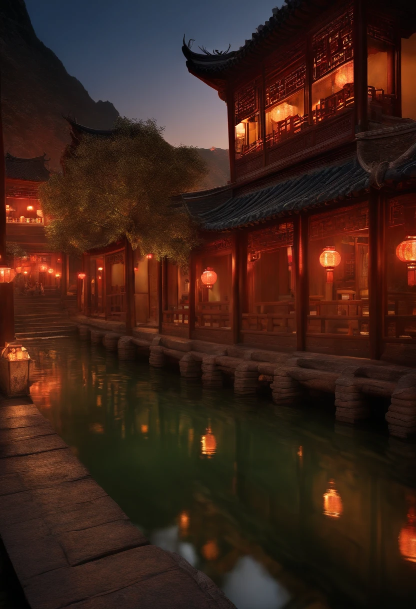 Arte Oficial, China antiga, Ruas Antigas, (Muitos vagalumes), (Noite), (lua), Luzes, Beautiful landscapes, epic landscapes, realistic lighting, Obras, alta qualidade, graphics beautiful, High detail, global ilumination, Unreal Engine Rendering, octane rendering, (HDR:1.3)