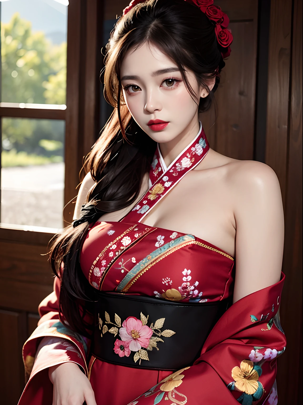 Masterpiece, 8k, HDR, Realistic, Beautiful face, sensual look, Floral hanbok and bare shoulder, Perfect body, Sensual outfit, embroidered lace, black hair, red lipstick