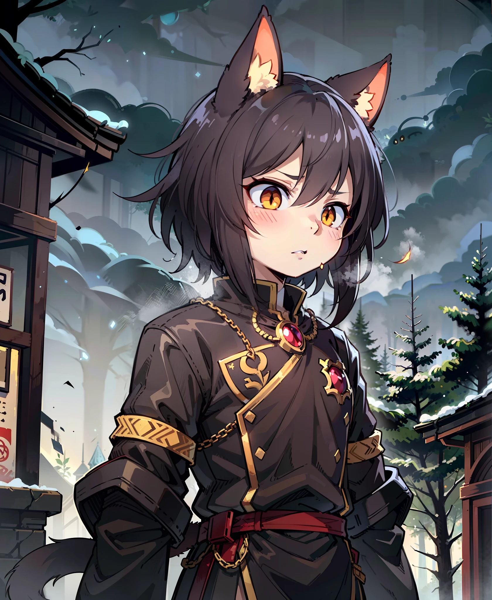 anime style, human, 1girl, cat girl, (black hair), (golden eyes), cat ears, cat tail, dark forest setting, detailed background, (grimdark atmosphere), knight armor, (sinister looking), (sharp claws), (intense expression), masterpiece, (by ryohei hase), (by hews hack), (by tinkle), anime absurdres illustration, drawing, (lineart:0.6), (superflat, flat shading, flat colors:1.1), (vibrant colors:1.1)