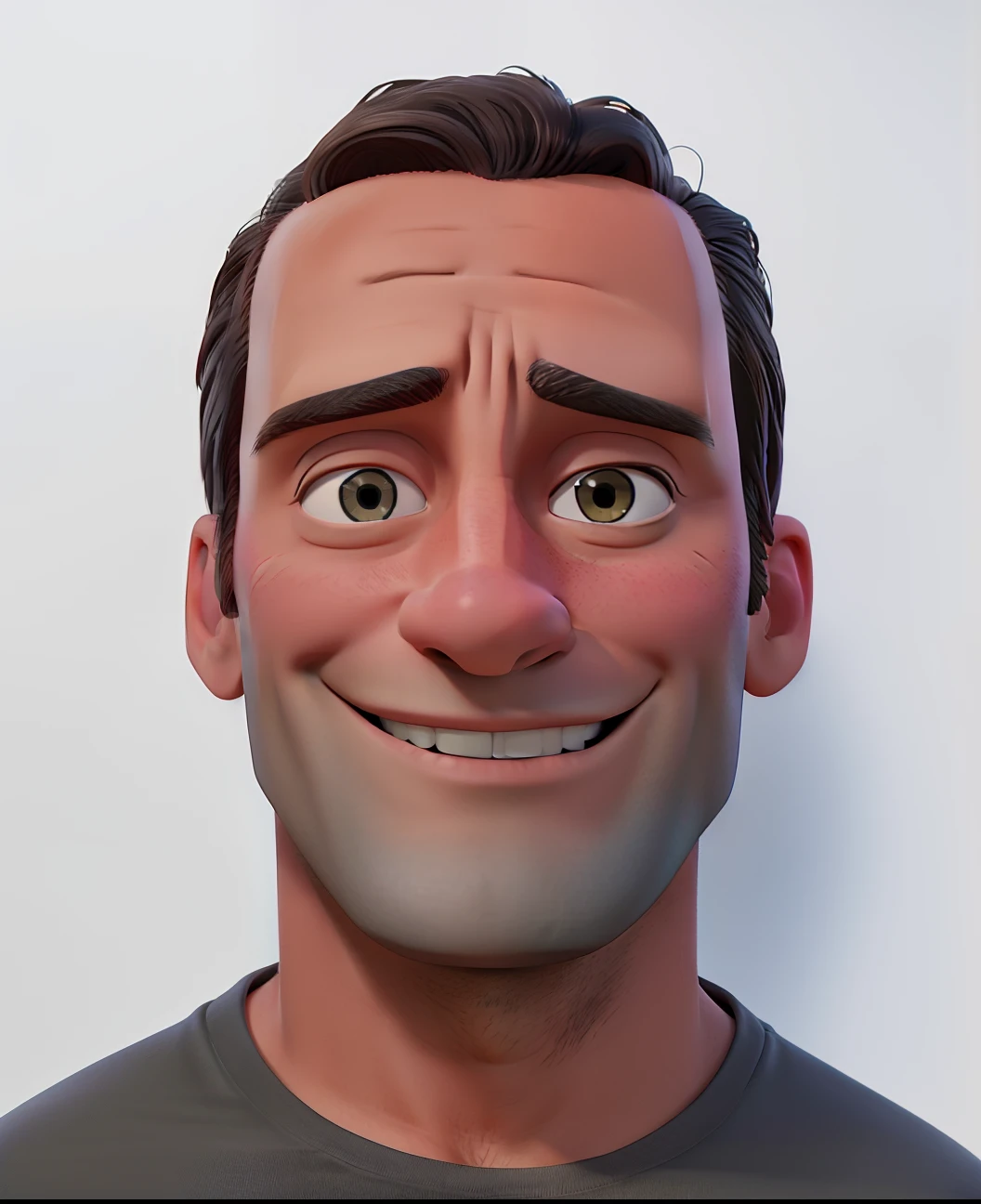 Jon Hamm, Cartoons in orange shirt and black pants, arms crossed, olhando para frente e sorrindo com os dentes aparecendo;