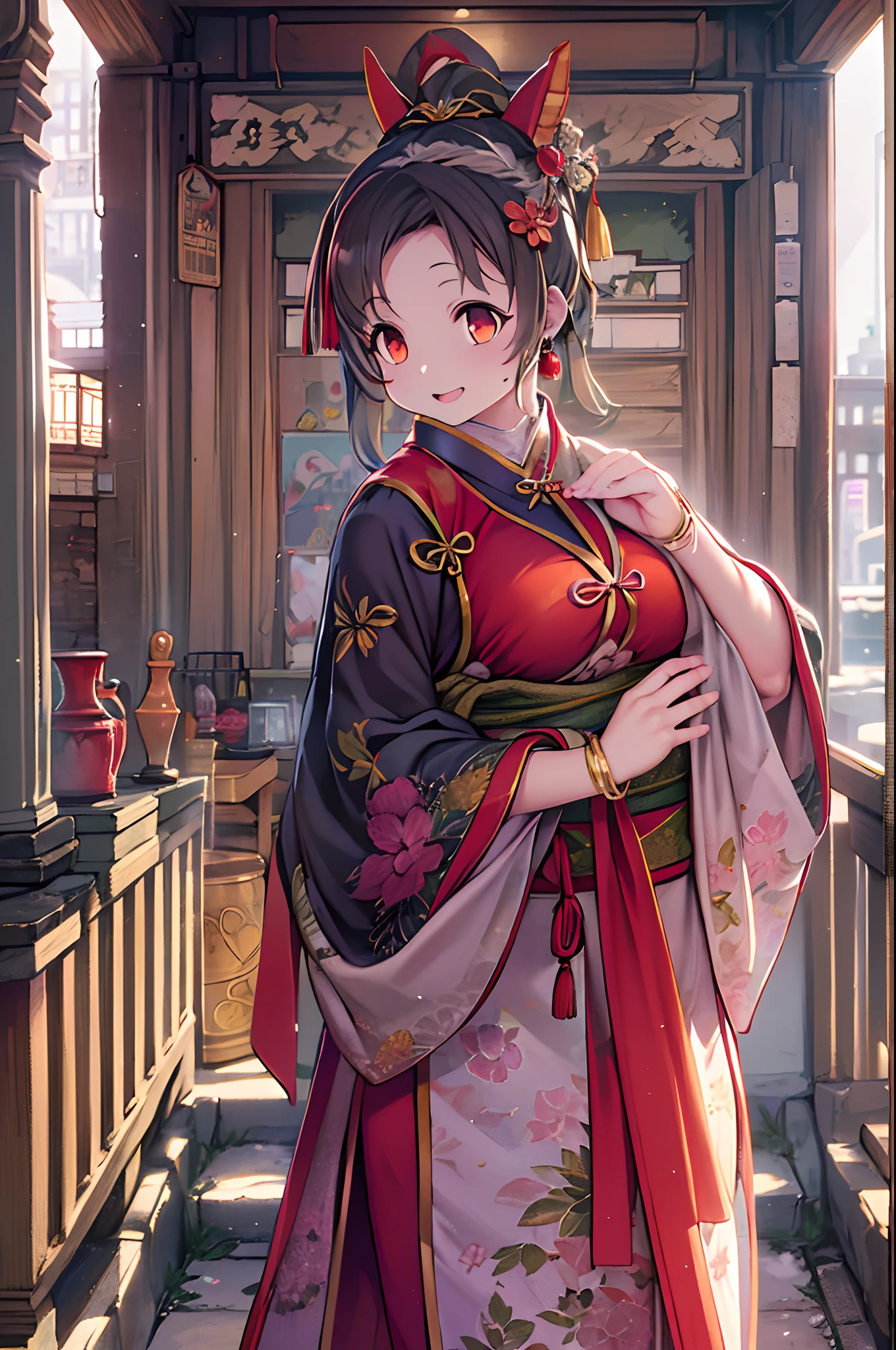 Best Quality, masutepiece, hight resolution, 1girl in, china hanfu,Background of Chinese architects, red scarf, Hair Ornament,Necklace, Jewelry,Beautiful face,Inserting a into the_Body, Tindall Effect,Photorealistic, Dark Studio, Rim lighting, two tone lighting,(High detailed skin:1.2), 8K UHD, Digital SLR, Soft lighting, High quality, Volumetric lighting, Candid, photograph, High resolution, 4K, 8K, Bokeh,Red Dress Girl、huge-breasted、bbw