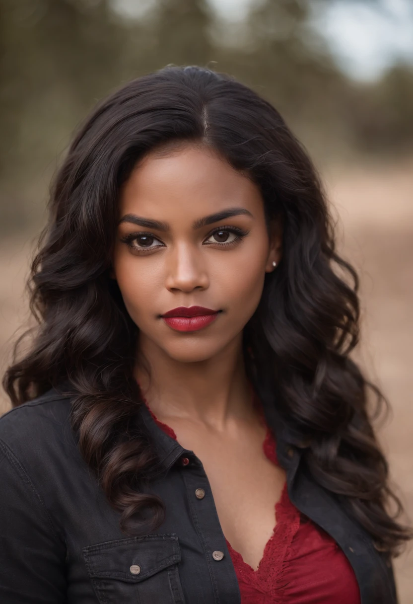 A 30 year old black woman Latino-américain with black wavy hair and deep brown eyes wearing a black and red cowboy shirt, black jeans and dark brown boots