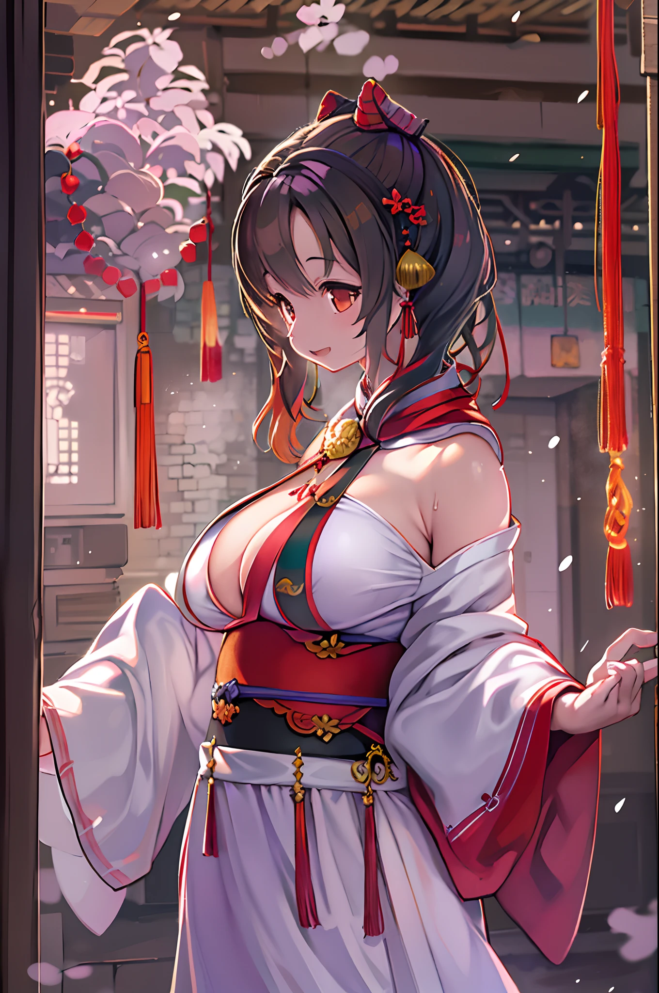 masterpiece, 1 girl, ((topless)), underboobs, intricately detailed, huge nipples, puffy nipples, navel, bare shoulders, short brown hair, men on the background, pond, extremely detailed, game, bare stomach, sweaty, moist breath, collarbones, sweaty, embarassed, smiling, aqua eyes, red hakama, bead necklace, holding paintbrush, body graffiti, cleavage, arm strap, sideboobs, hakama, shrine maiden, japanese shrine, scenery, full body, tied on waist, navel