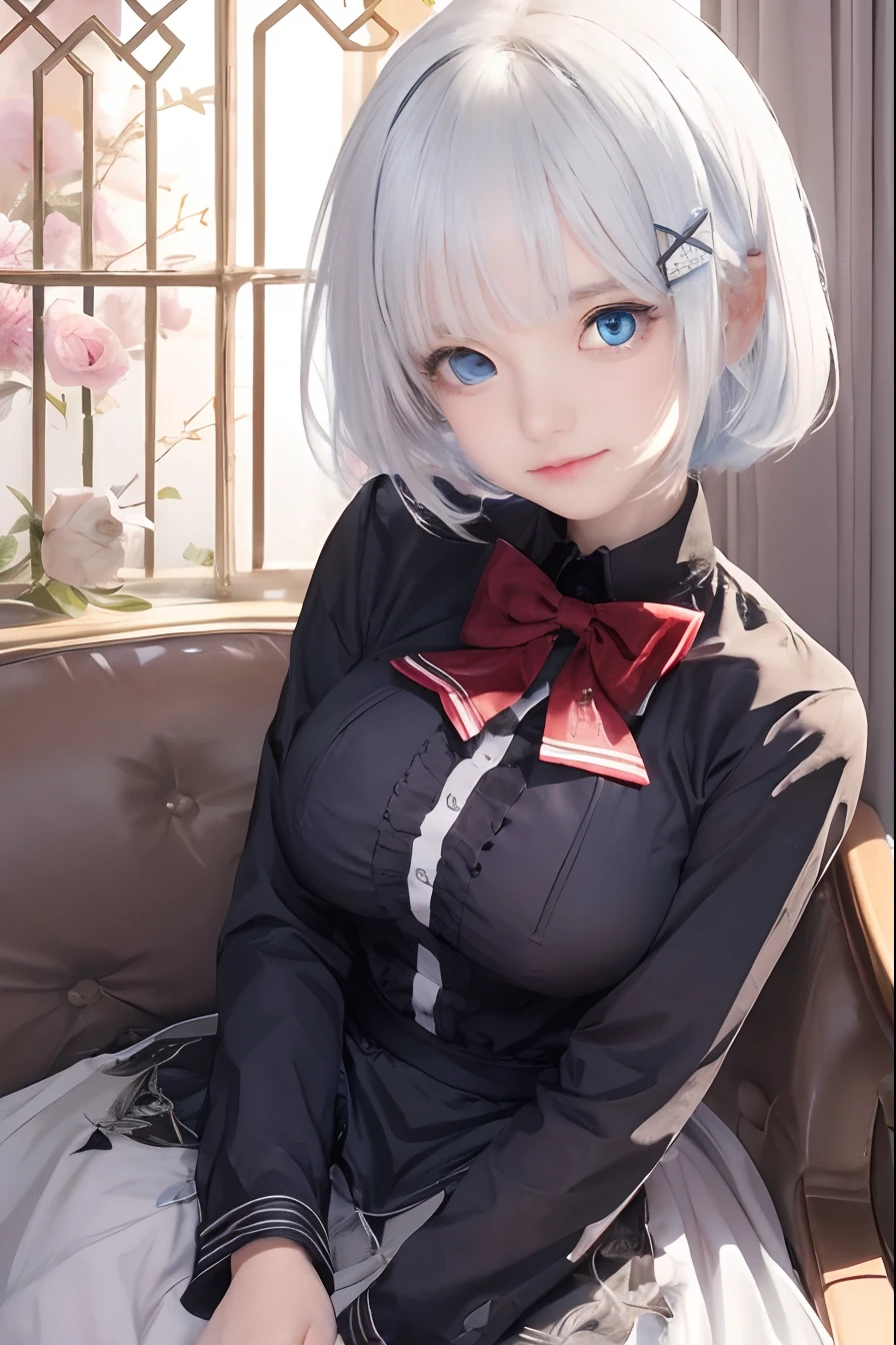 detectivesiesta, smile, short hair, bangs, blue eyes, shirt, hair ornament, long sleeves, dress, bow, white hair, hairclip, blunt bangs, bowtie, red bow, x hair ornament, red bowtie, siesta, (medium breast:1.2), BREAK looking at viewer, BREAK outside, BREAK (masterpiece:1.2), best quality, high resolution, unity 8k wallpaper, (illustration:0.8), (beautiful detailed eyes:1.6), extremely detailed face, perfect lighting, extremely detailed CG, (perfect hands, perfect anatomy),