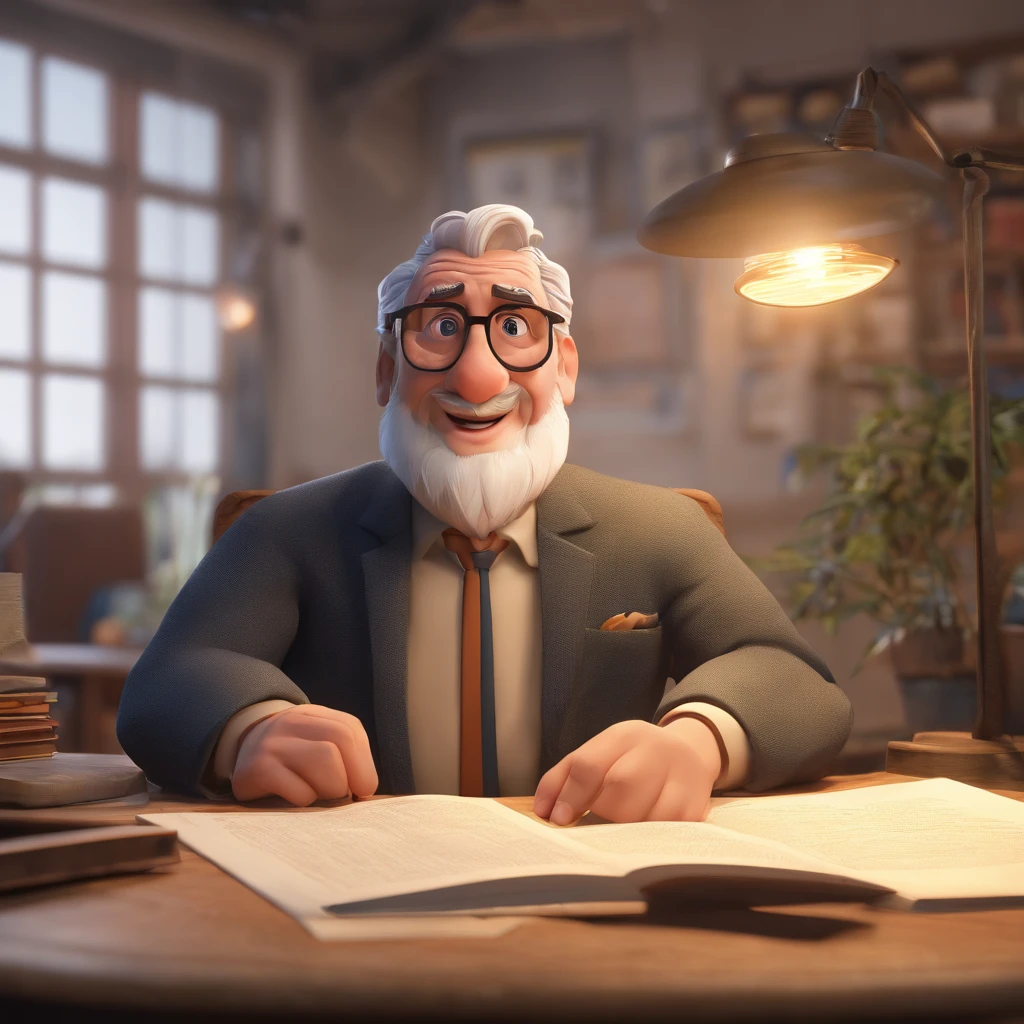 Crie um cartaz inspirado na Disney Pixar com o personagem sendo o pastor Rubens Janier, A gray-haired man wearing glasses, in an office with a Bible on the table, Looking forward and serious