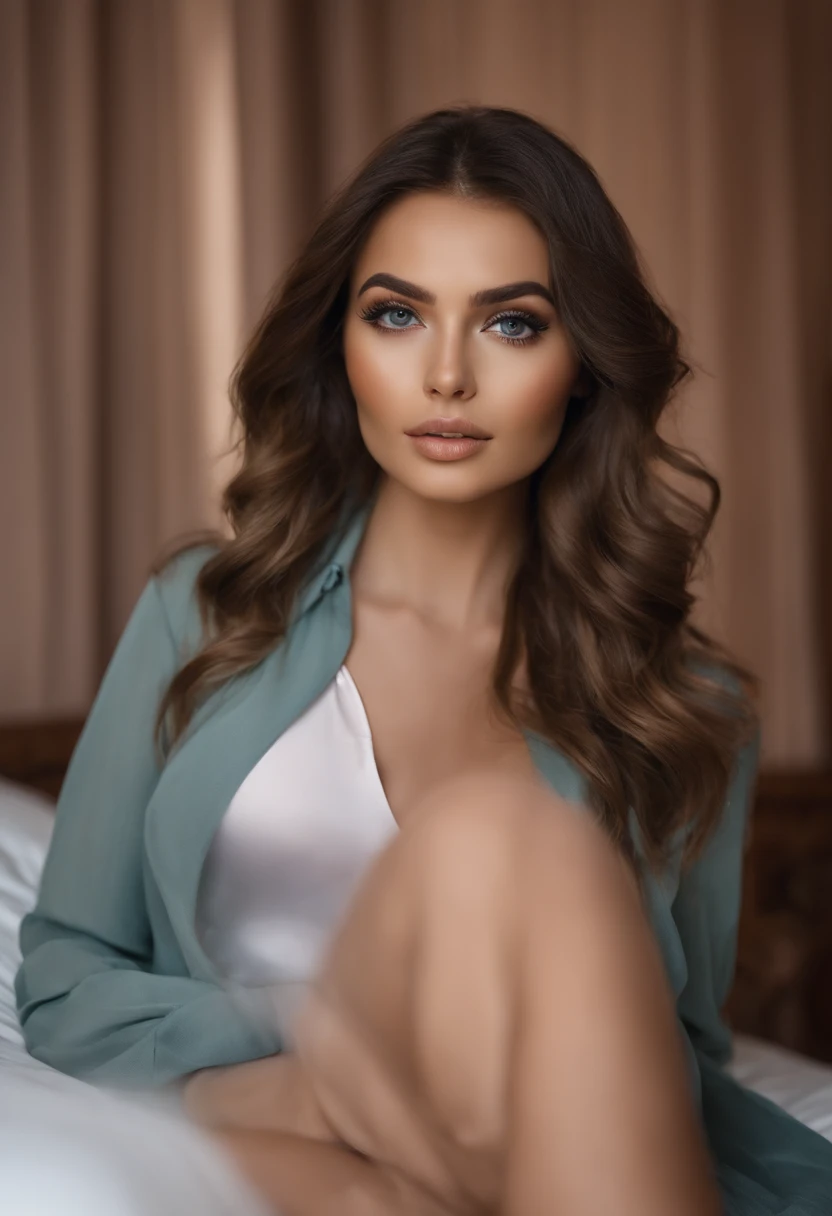 Femme Arafed complètement , fille sexy aux yeux bruns, ultra réaliste, Méticuleusement détaillé, Portrait Sophie Mudd, cheveux bruns et grands yeux, Selfie d’une jeune femme, Dubai Eyes, Violet Myers, sans maquillage, maquillage naturel, Regarder directement la caméra, Visage avec Artgram, Maquillage subtil, Superbe photo du corps entier agenouillée sur le lit, dans la chambre, Buste de taille moyenne à grande