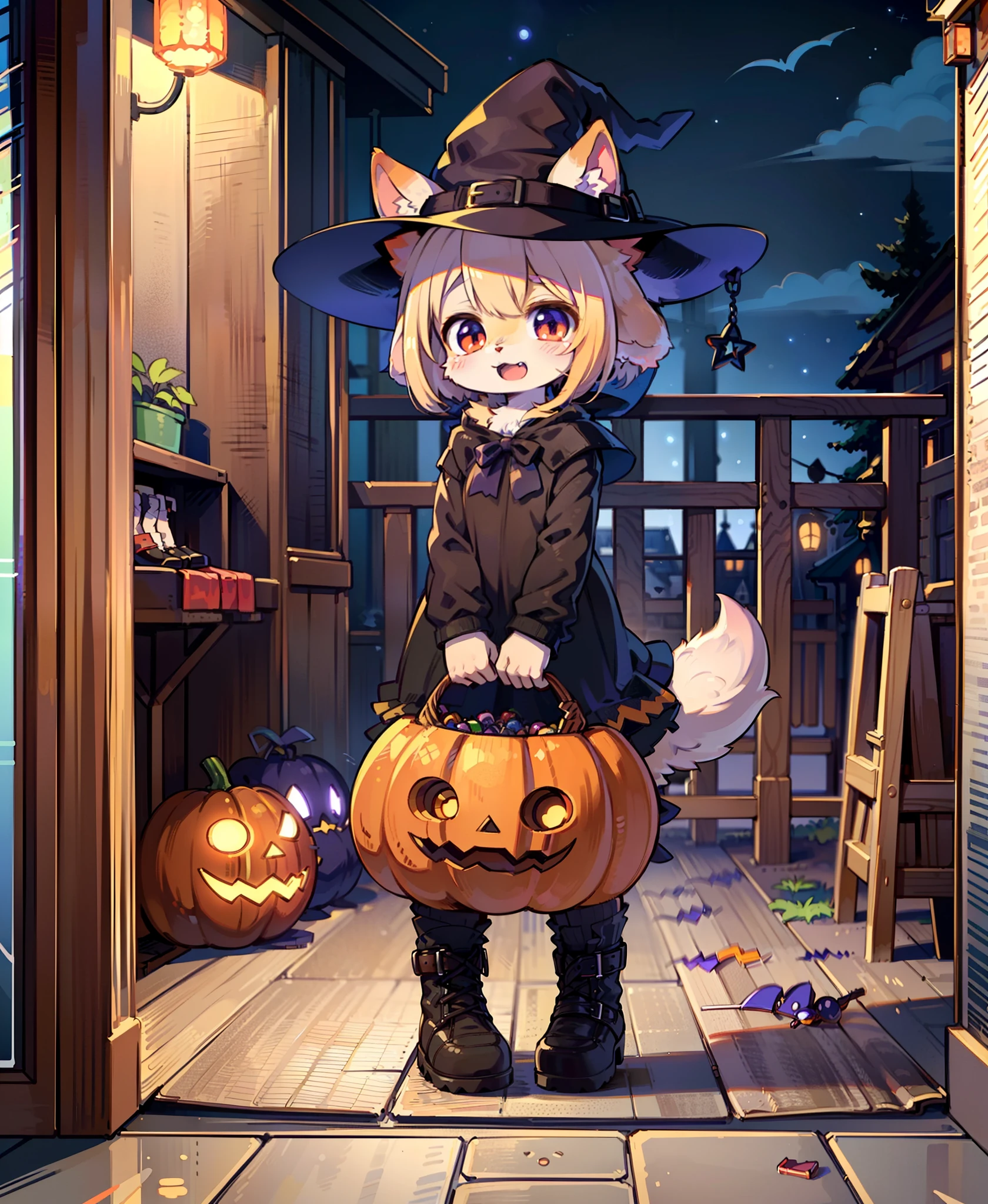 1girl, solo, witch hat, halloween, halloween theme, jack o lantern, , :D, candy bag, standing, in front of a house, full body, night, boots, (best quality, masterpiece, illustration, ultra-detailed:1.3), (uploaded on e621, furry, anthro, kemono:1.3),