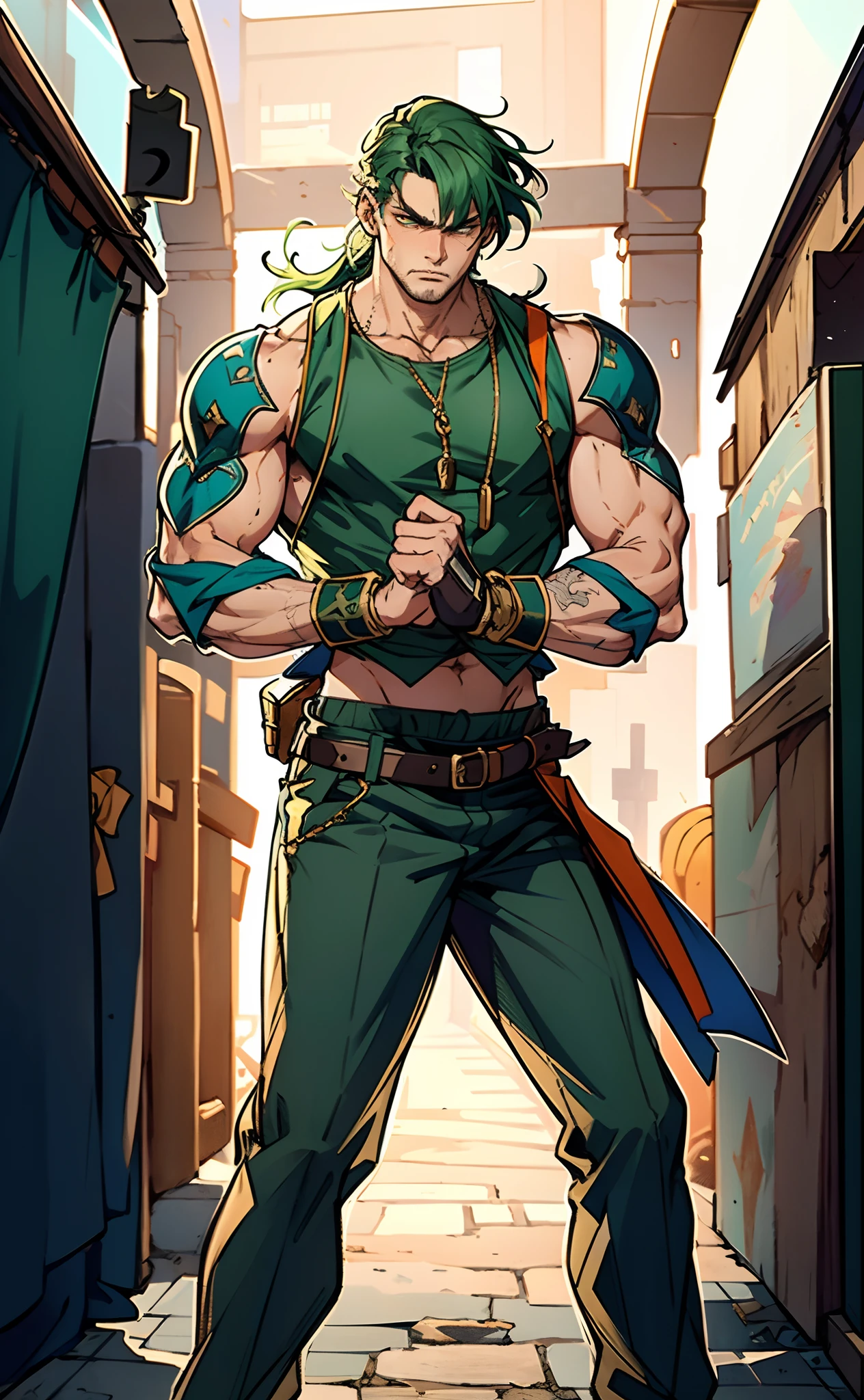 A young man, long orange-green hair, with the lengthy hair bangs covering most of his face, revealing a fierce gaze, a red stripe on the side of his face, a loose and simple sleeveless dark vest, exposing his sturdy muscles, wearing fabric wrist guards, coarse cloth trousers matching the outfit, he clenches his fists in front of his chest, assuming a combat-ready stance, the backdrop features a bustling market in a medieval fantasy-style setting, this character embodies a finely crafted fantasy-style street thug in anime style, characterized by an exquisite and mature manga illustration art style, high definition, best quality, highres, ultra-detailed, ultra-fine painting, extremely delicate, professional, anatomically correct, symmetrical face, extremely detailed eyes and face, high quality eyes, creativity, RAW photo, UHD, 8k, Natural light, cinematic lighting, masterpiece-anatomy-perfect, masterpiece:1.5