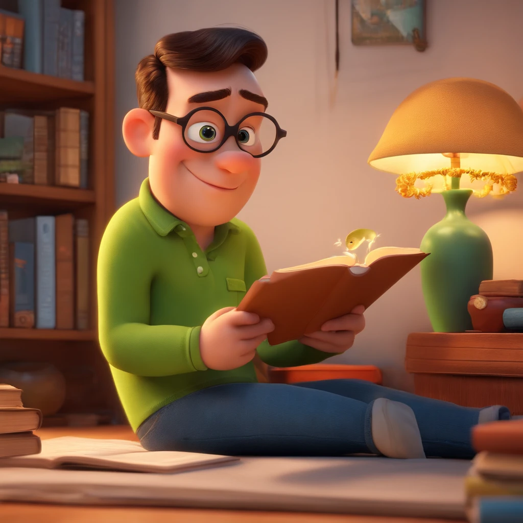 fundo branco, pixar desenhos animados 3D, homem lendo um livro, ::estilo pixar cartoon