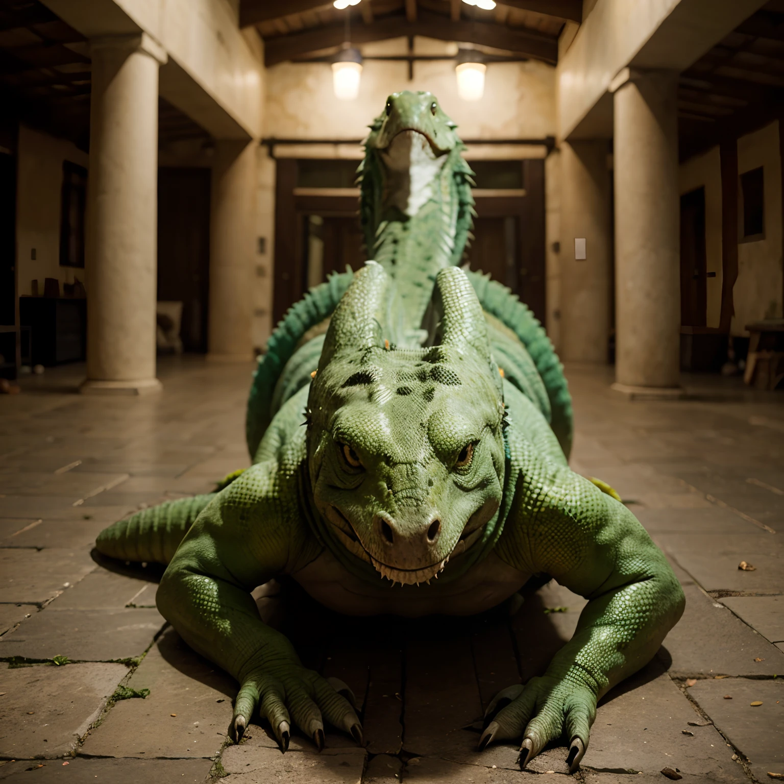 Reptiliano, escamas cor verde claro, forte, olhos amarelos, altura 2 metros, arqueiro