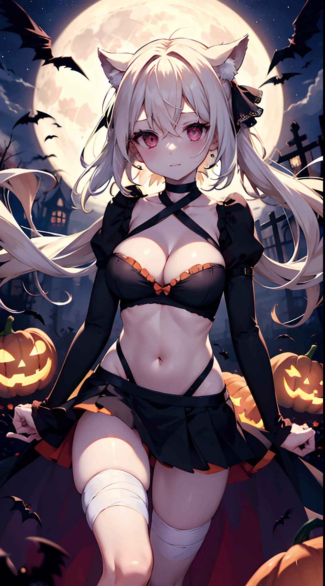 terroral, naked bandage, 1girl, large breasts, bandages, navel, solo, heart, blush, sleeves past wrists, hair between eyes, sleeves past fingers, jack-o'-lantern, looking at viewer, ass visible through thighs, cleavage, collarbone, halloween, night, sky, night sky, bow, long sleeves, moon, dutch angle, bandaged arm