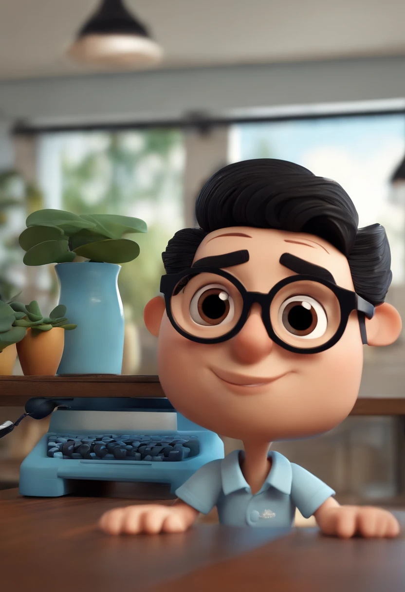 Cartoon character of a man wearing black glasses and a blue shirt, um personagem animado, Caractere estilizado, animation style rendering, 3D estilizado, Arnold Maya render, 3 d render stylized, toon render keyshot, Personagem 3D, Personagem 3D, 3d rendering stylized, 3 d character render, personagem de desenho animado, Personagem de close up, Pose de personagem, (Estilo Pixar) (master part:1.2) (Bokeh) (best quality) (pele detalhada) (textura detalhada) (8k) (argila) (Cinematic lighting) (foco nítido,Senta e vaza a parte superior do corpo
