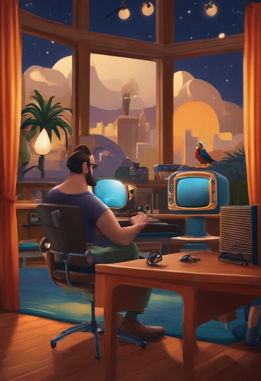 um homem, em breve, barba curta, olhos castanhos, com fones de ouvido, A music studio in the background, Imagem no estilo Pixar, Estilo de filme animado 3D, Disney, camiseta preta