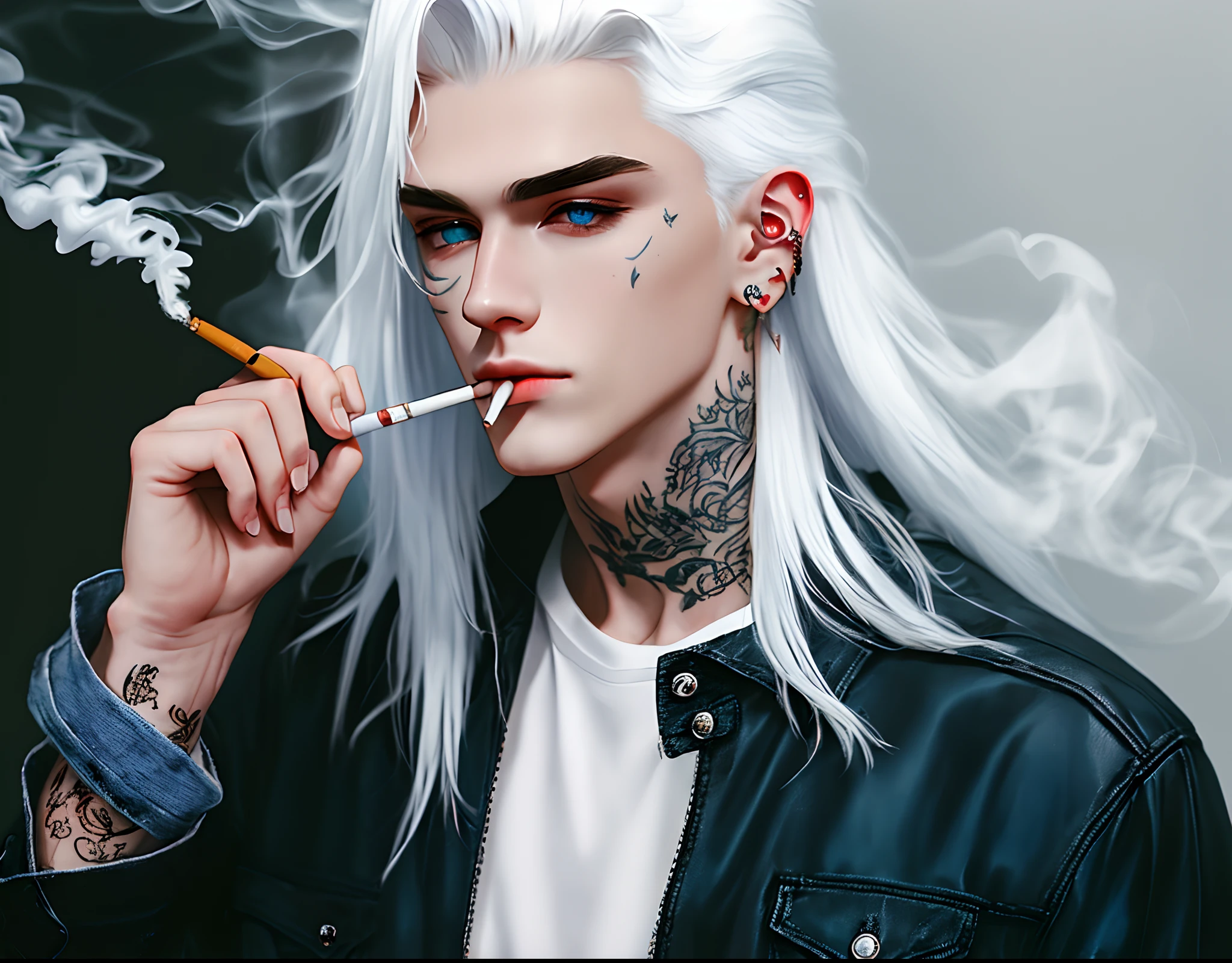 A handsome young guy with cigarette in his mouth, close up face, white hair, blue eyes, Awesome young guy, Smoke effect, cigarette, cool face, Cinematic lighting, most realistic, amazing, best quality, Masterpiece, 8k resolution, Extremely detailed, Hair details