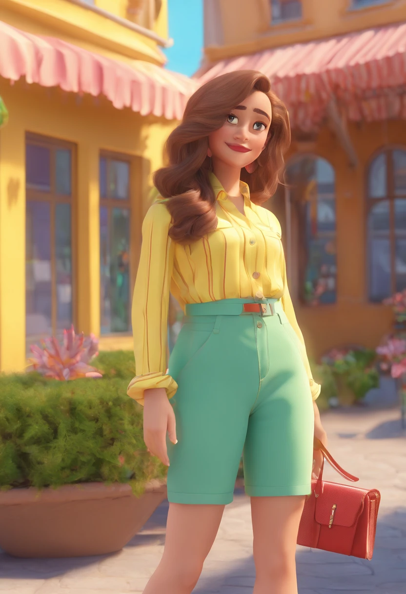 Estilo Pixar: Familia, Three sisters, a primeira tem cabelos castanhos bem longos e cacheados, olhos castanhos, pelo clara, Is wearing skirt set and Purple Cropped, Veres heeled sandals, a segunda tem cabelos castanhos claros ondulados e longos,pele clara, olhos verdes, is wearing light green jeans and long-sleeved blouse and red heels, a terceira tem cabelos lisos castanho claro e longos, olhos castanhos, pele clara, Is wearing denim shorts and a yellow blouse, Are walking and hugging in a square, The day is beautiful with very blue and sunny skies, Butterflies and birds fly