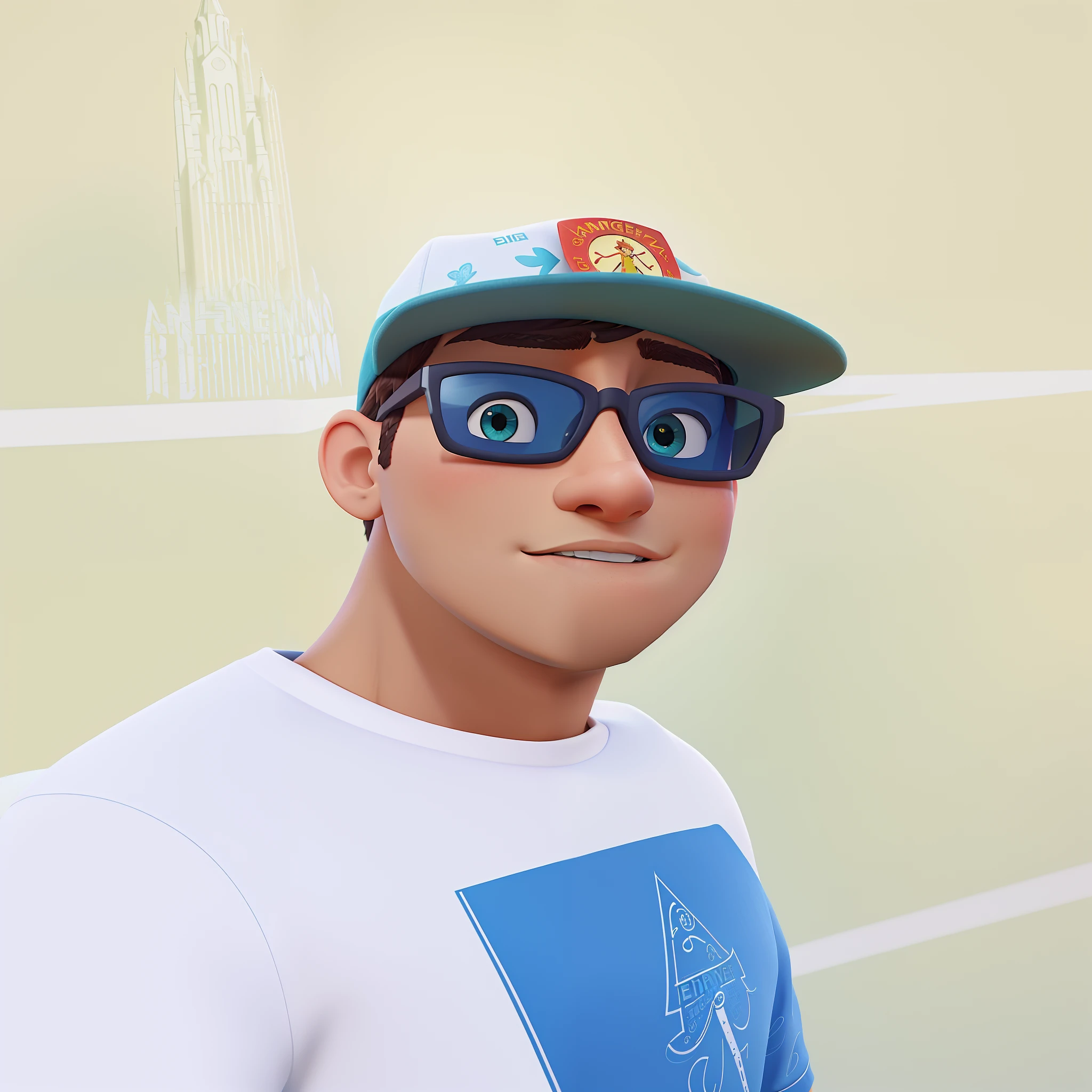 A movie poster with the title "Anjo Guerreiro" inspired by the distinctive digital art style of Disney. A young slender man, wearing sunglasses, should be rich in vibrant colors, complemented by meticulous textures reminiscent of Pixar's renowned animations. In the center of the poster, bold and captivating typography should display the title "Anjo Guerreiro". The overall composition should capture the essence of an epic adventure, engaging viewers in the world of the film.