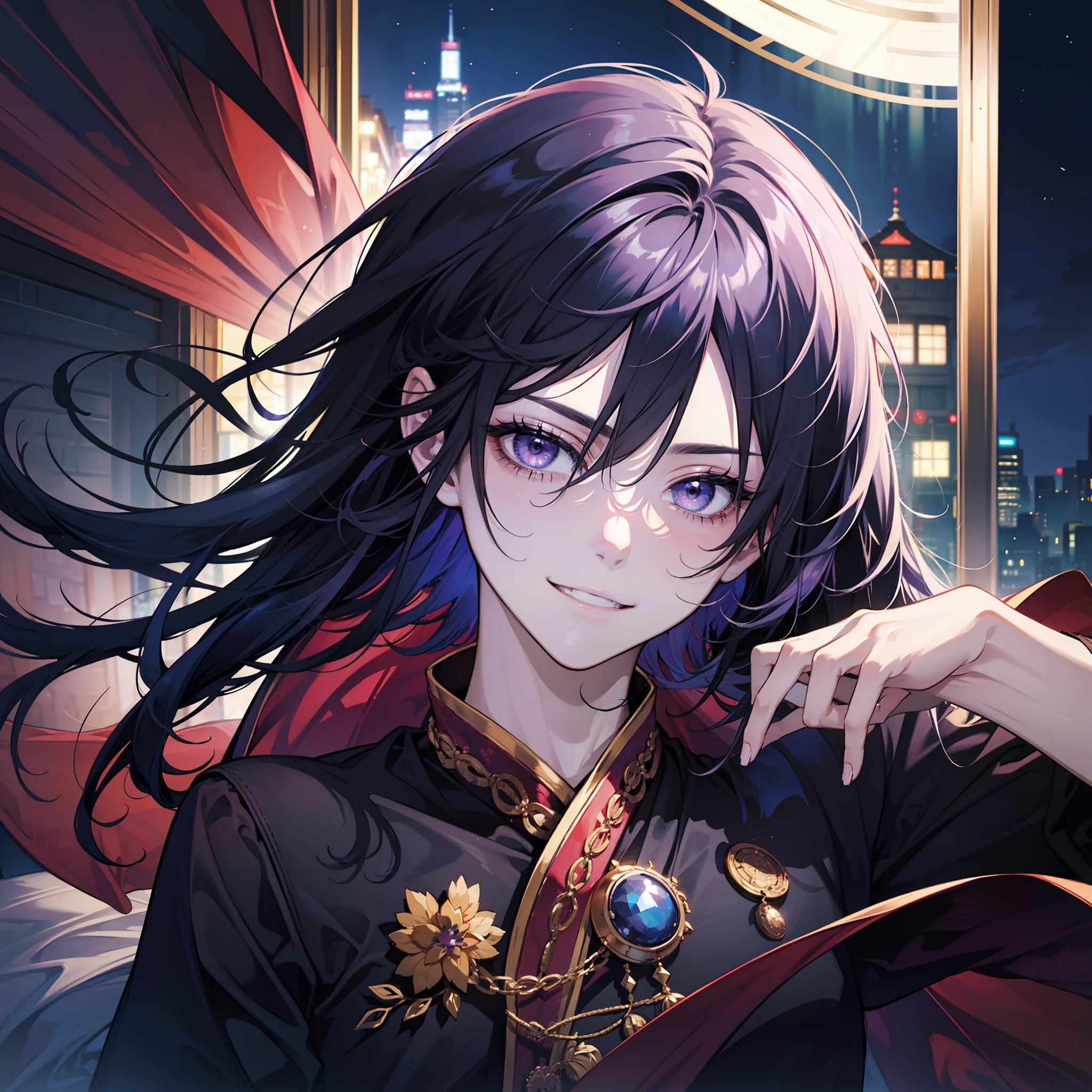 masutepiece,Best Quality,Solo Boy,Solo Man,Solo Boy,Solo Man,Middle Age,beautidful eyes,Seductive smile,Purple hair,Black Gradient Hair,Red Eyes,(Face shot:1.3),Detailed face,8K resolution,bed room,night