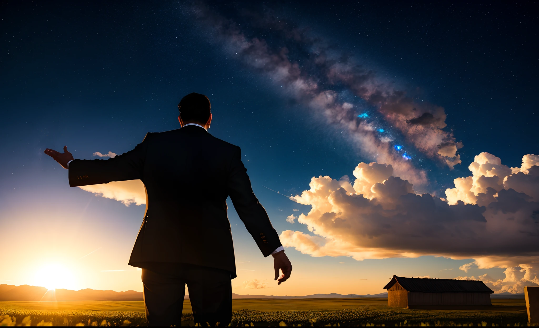 Hombre de rodillas orando a Dios en cielo con estrellas