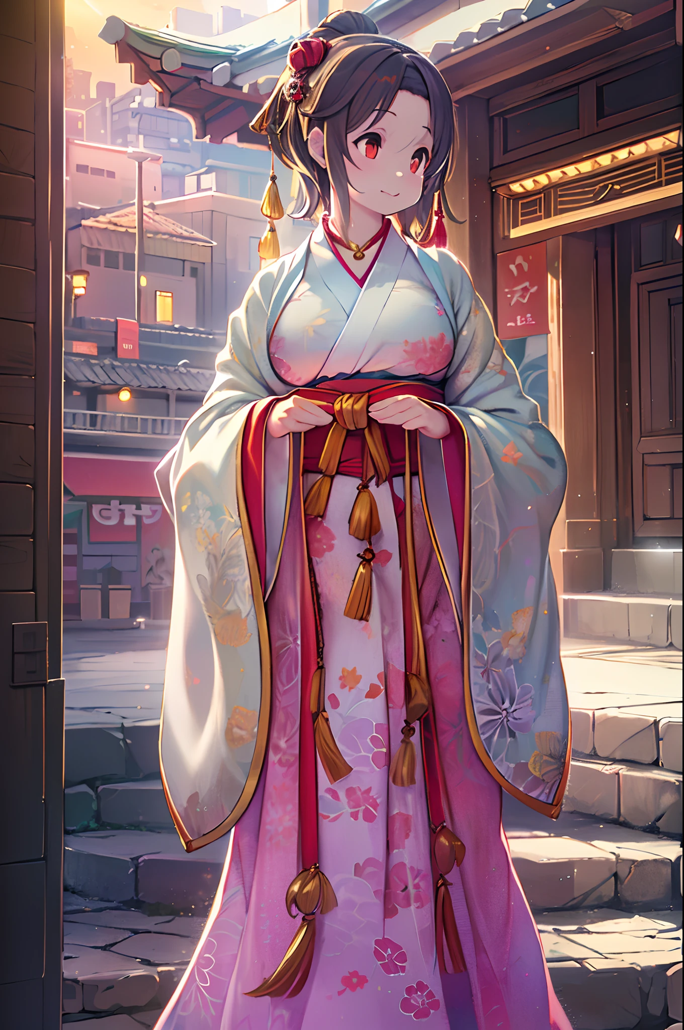 Best Quality, masutepiece, hight resolution, 1girl in, china hanfu,Background of Chinese architects, red scarf, Hair Ornament,Necklace, Jewelry,Beautiful face,Inserting a into the_Body, Tindall Effect,Photorealistic, Dark Studio, Rim lighting, two tone lighting,(High detailed skin:1.2), 8K UHD, Digital SLR, Soft lighting, High quality, Volumetric lighting, Candid, photograph, High resolution, 4K, 8K, Bokeh,Red Dress Girl、huge-breasted、bbw