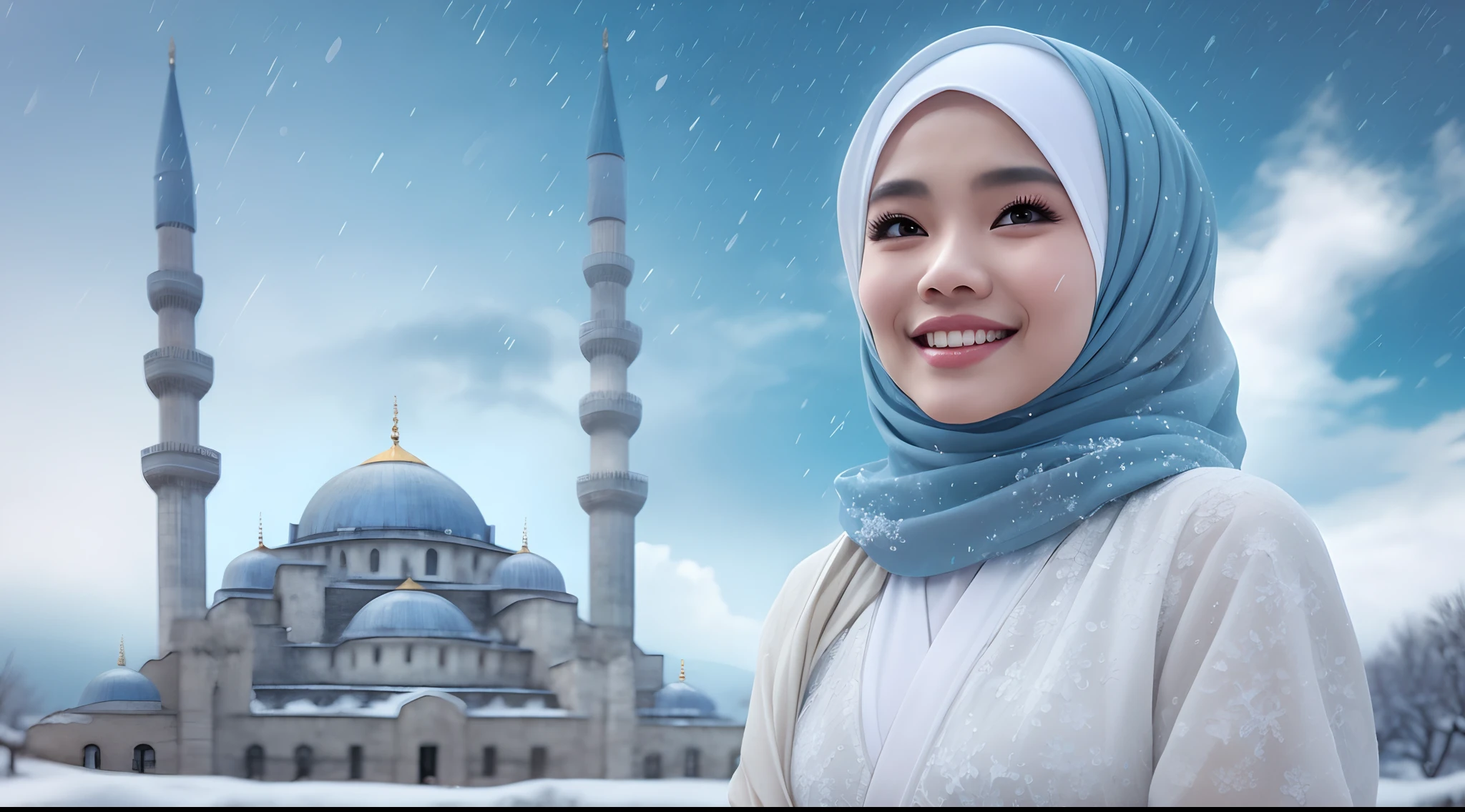 Best quality, 4K picture quality, 1 malay girl in hijab, white Hanfu, snow, long hijab fluttering in the wind, healing smile, large aperture, blurred background, blue mosque in background, movie shot framing, high quality, cinematic scene, cinematic lighting, cool ambient, ultra detail, 8k,