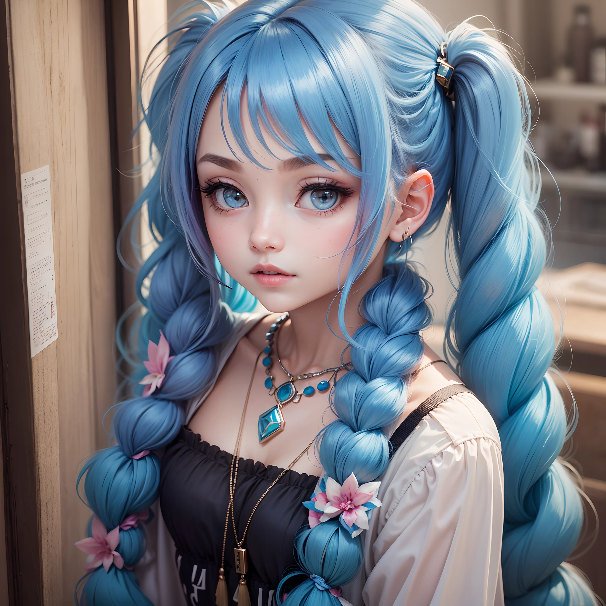 Girl with long hair, realistic, animation,cute,blue eyes,small girl, Barbie,love