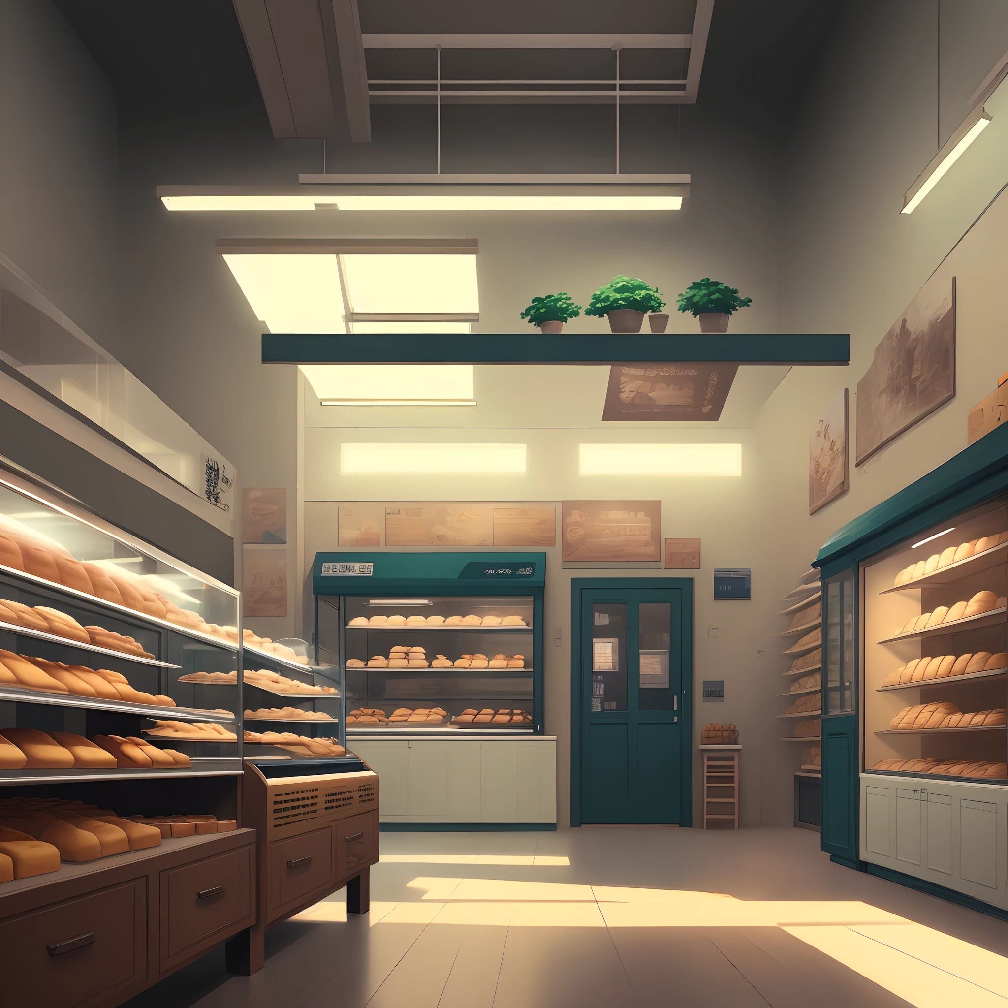 bakery shop in 90s anime style, manhwa style, Makoto Shinkai's picture, concept-art, Lofi art style,