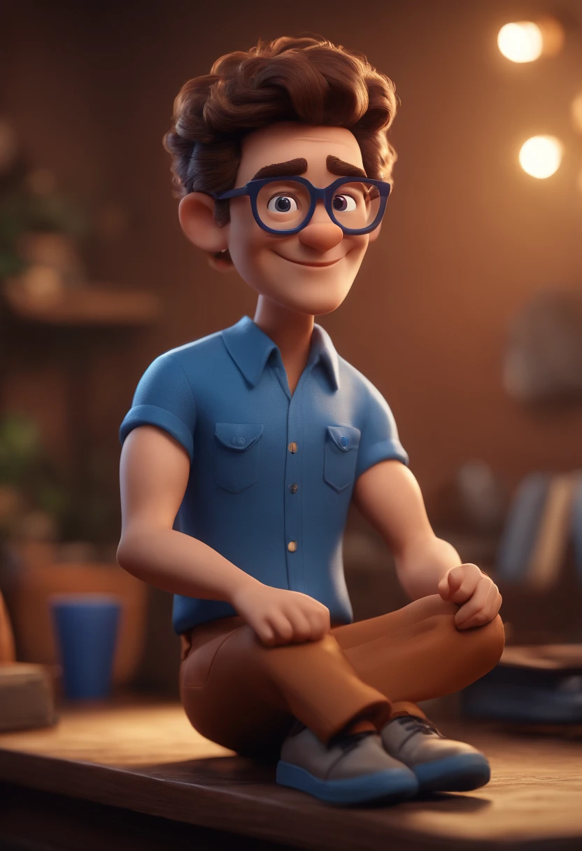 Cartoon character of a man with black glasses and a blue shirt, animation character, Caractere estilizado, animation style rendering, 3D estilizado, Arnold Maya render, 3 d render stylized, toon render keyshot, Personagem 3D, Personagem 3D, 3d rendering stylized, 3 d character render, personagem de desenho animado, Personagem de close up, Pose de personagem, (Estilo Pixar) (master part:1.2) (Bokeh) (best quality) (pele detalhada) (textura detalhada) (8k) (argila) (Cinematic lighting) (foco nítido