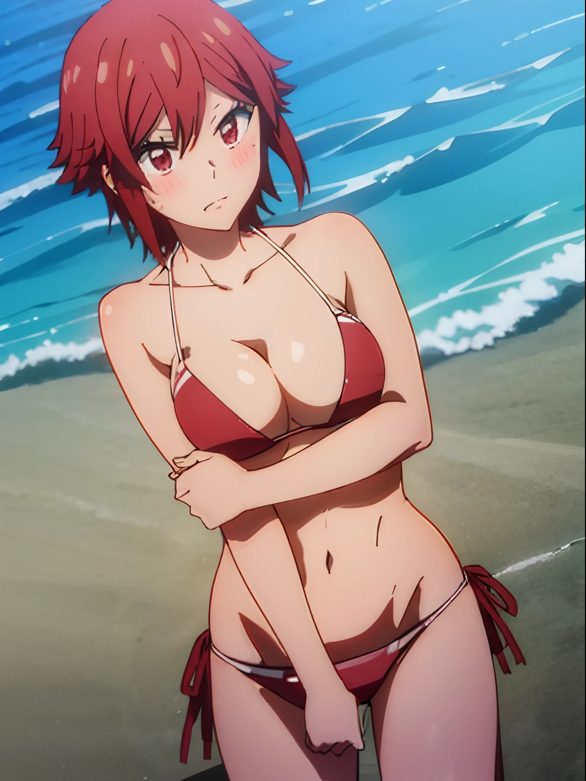 Aizawa tomo, bikini, short hair, red hair, red eyes, blush, beach, sun, big boobs, cowboy shot, kneeling