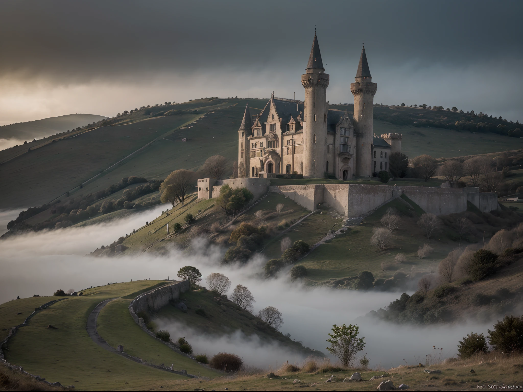 Produce an 8K ultra-HD image of an ancient, abandoned castle on a foggy hill, with an eerie, almost magical ambiance. The castle should appear both haunting and inviting, inviting viewers to explore its mysteries.