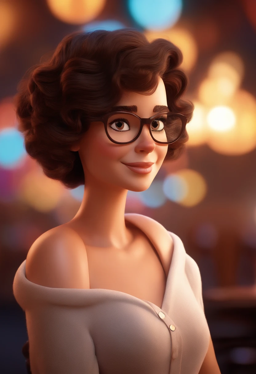 Pixar style image with 3D character white glasses brunette woman short curly hair on shoulder, Maquiagem Disney, sorridente ,Close-up, Pixar, Disney, Cinema lighting,