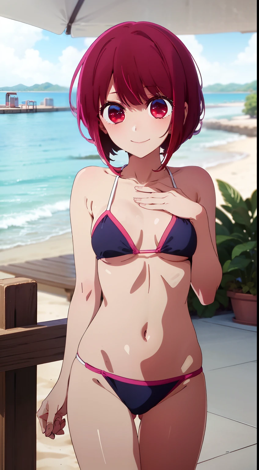 ​masterpiece、ighly detailed、(1 girl in:1.2)、Red hair、Learn uniforms、big eye、a closeup、A smile、8K、short-hair、(((anime styled)))、Shining eyes, bikini, small boobs, beach