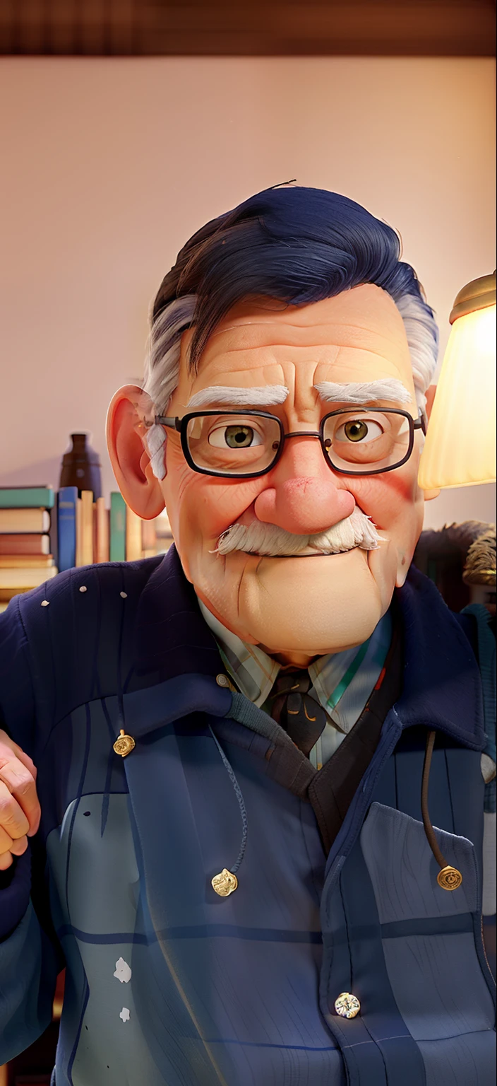 A wise old man standing in front, illuminated by the light of a lamp, against the backdrop of a library