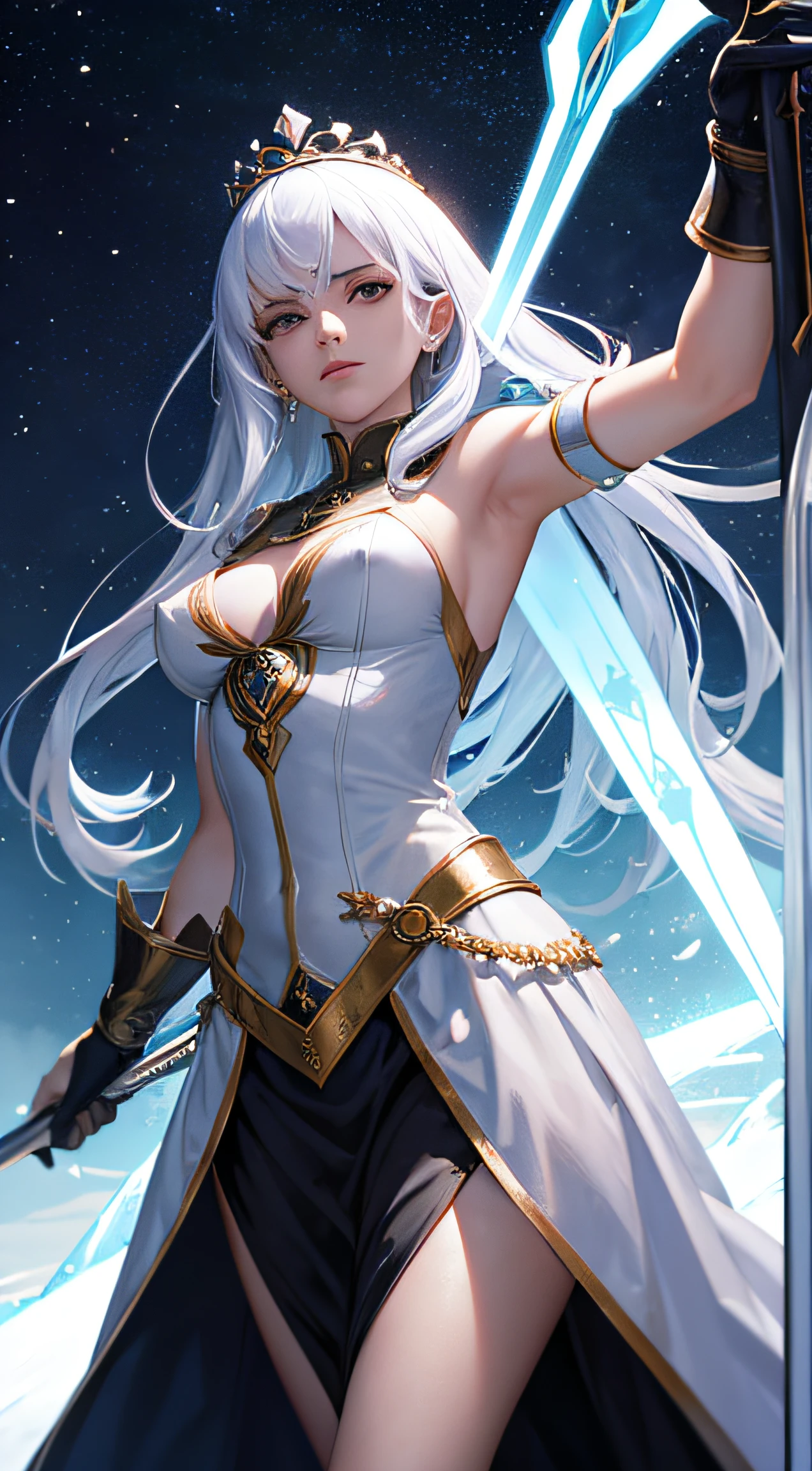 Queen of Swords surrounded by spiritual energy. Queen is cold, and serious.