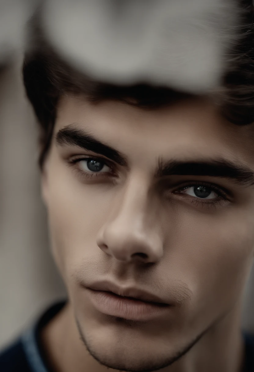 (Front view) Fotografia muito detalhada de um adolescente homem italiano, fundo detalhado da cafeteria, (com cabelos pretos), (Olhos azuis) (symmetric beautiful face) nariz bonito e bem definido, (well-marked and angular jaw), proportioned and full lips, Fotografias realistas impressionantes, Cor suave realista, octan render, intrinsecamente detalhado, foco nítido, Deslumbrante Full Color, filmed on DSLR camera, 32k resolution, melhor qualidade, (foco na textura da pele)