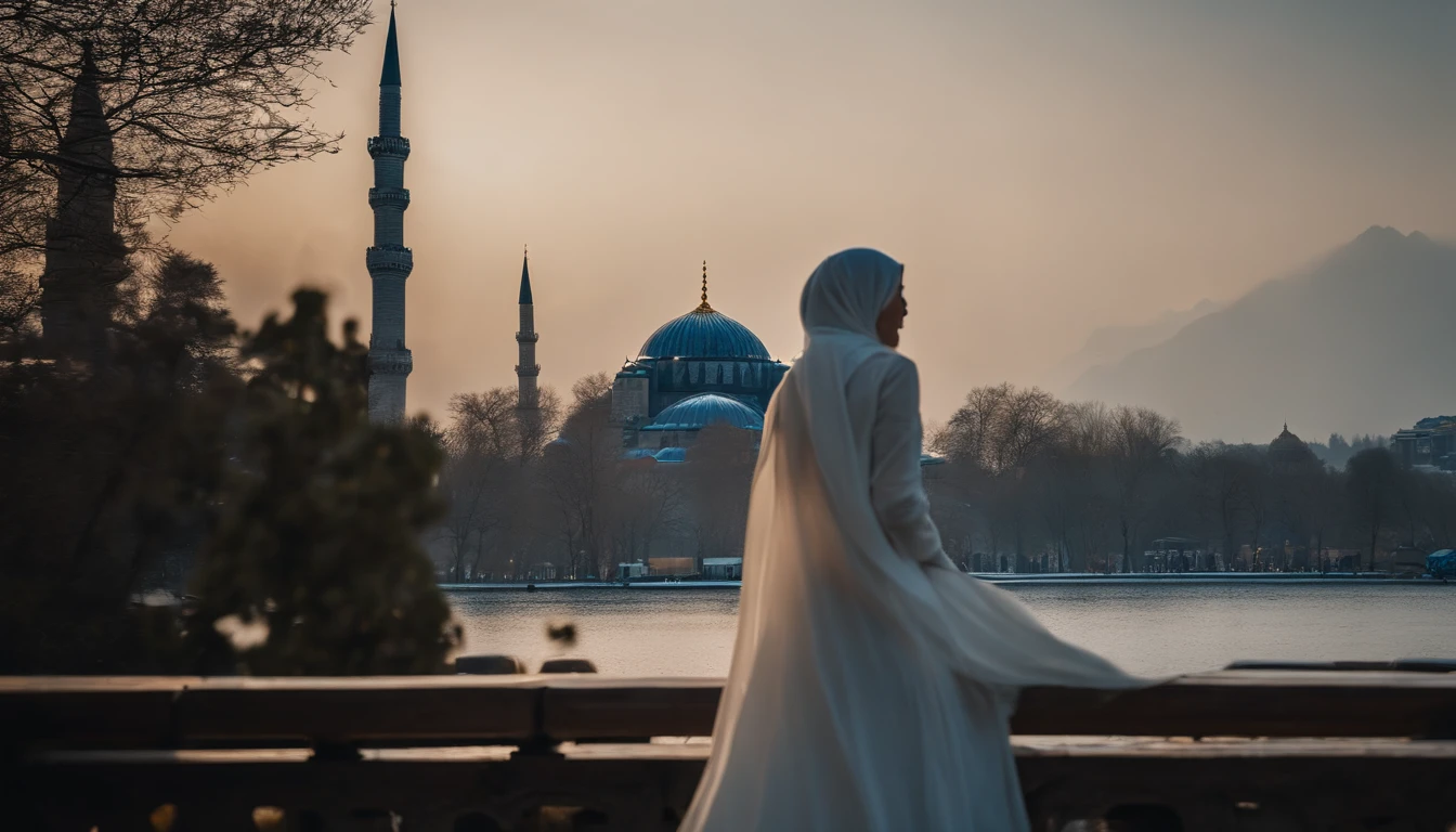 Best quality, 4K picture quality, 1 indo girl in hijab, white Hanfu, snow, long hijab fluttering in the wind, healing smile, large aperture, blurred background, blue mosque in background, movie shot framing, high quality, cinematic scene, cinematic lighting, warm ambient, ultra detail, 8k,